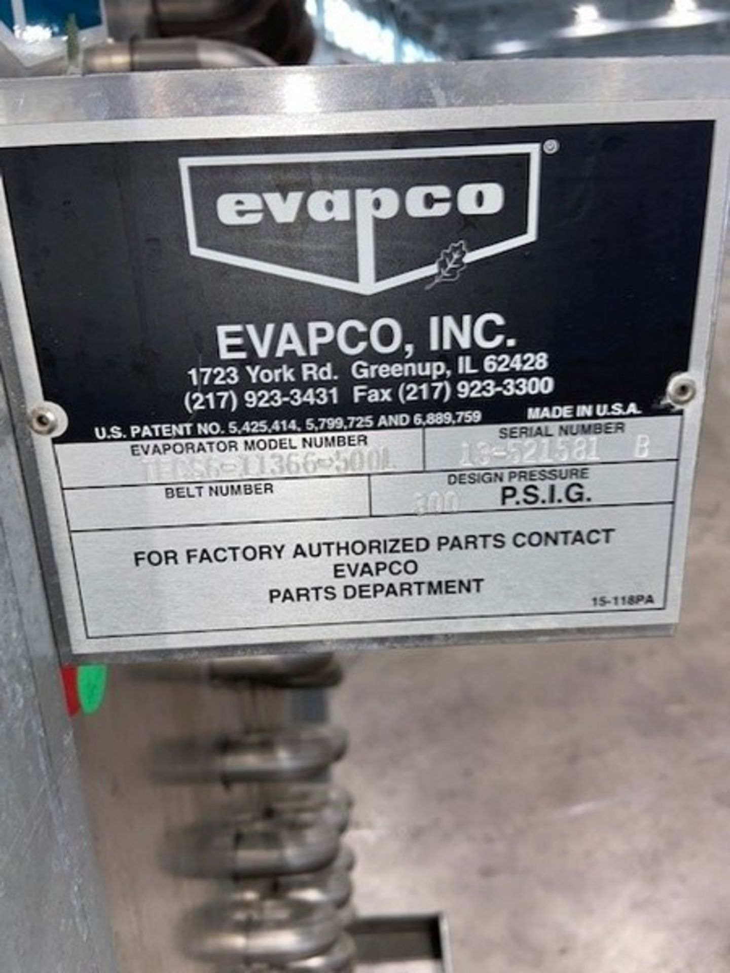 Evapco Evaporator,M/N TFCS6-116G-500L, S/N 13-521581 B, Design Pressure: 300 PSIG (INV#82421)( - Image 2 of 5