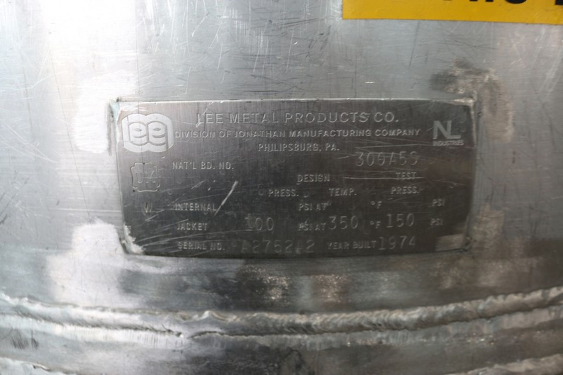 Lee 300 Gal. S/S Kettle,M/N 300A55, S/N A2752A2, Internal Jacket 100 PSI @ 350 F, 150 PSI, with 2 hp - Image 10 of 13