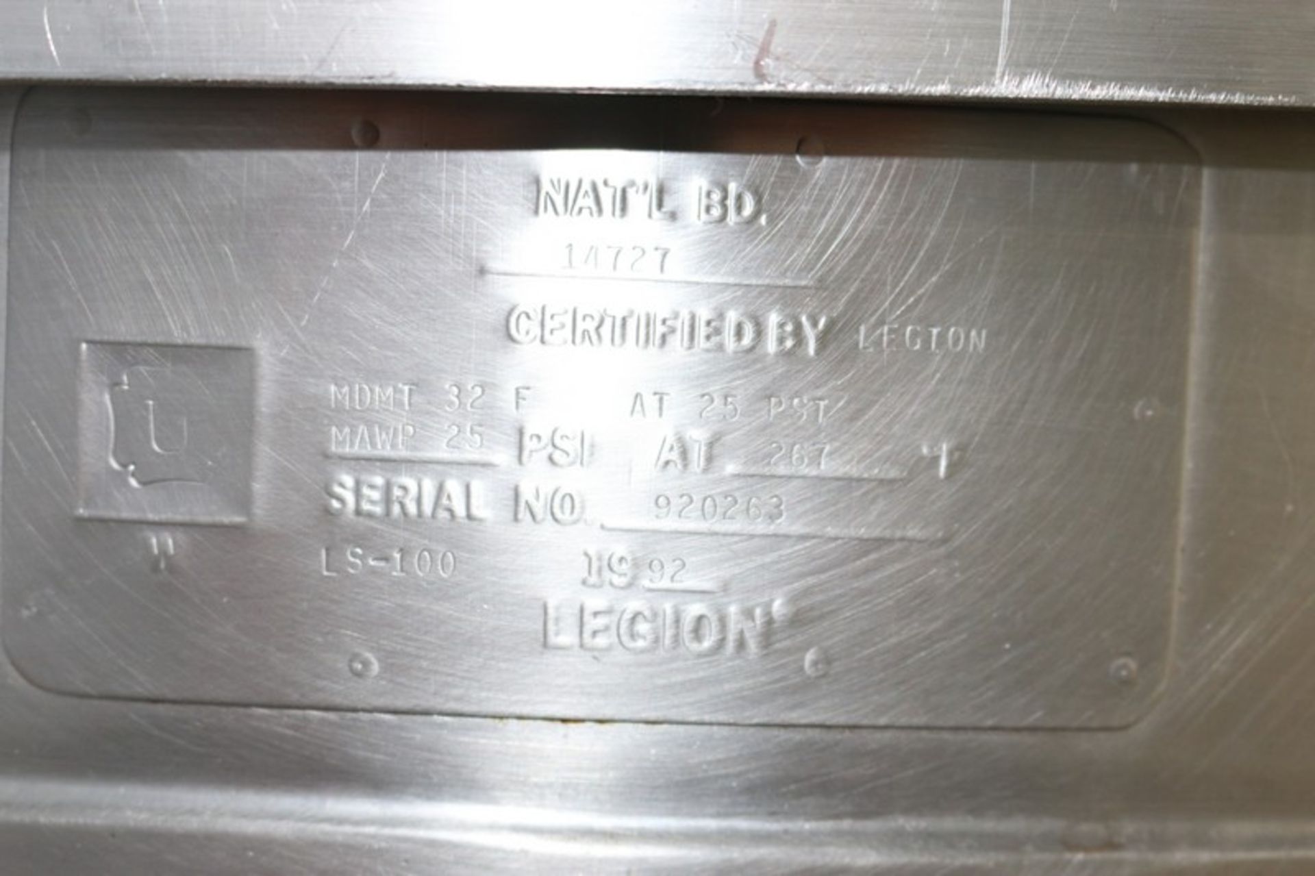 Legion 100 Gal. S/S Kettle,S/N 920263, MDMT 32 F @ 25 PSI, MAWP 25 PSI @ 267, Nat'L BD #: 14727, - Image 5 of 9