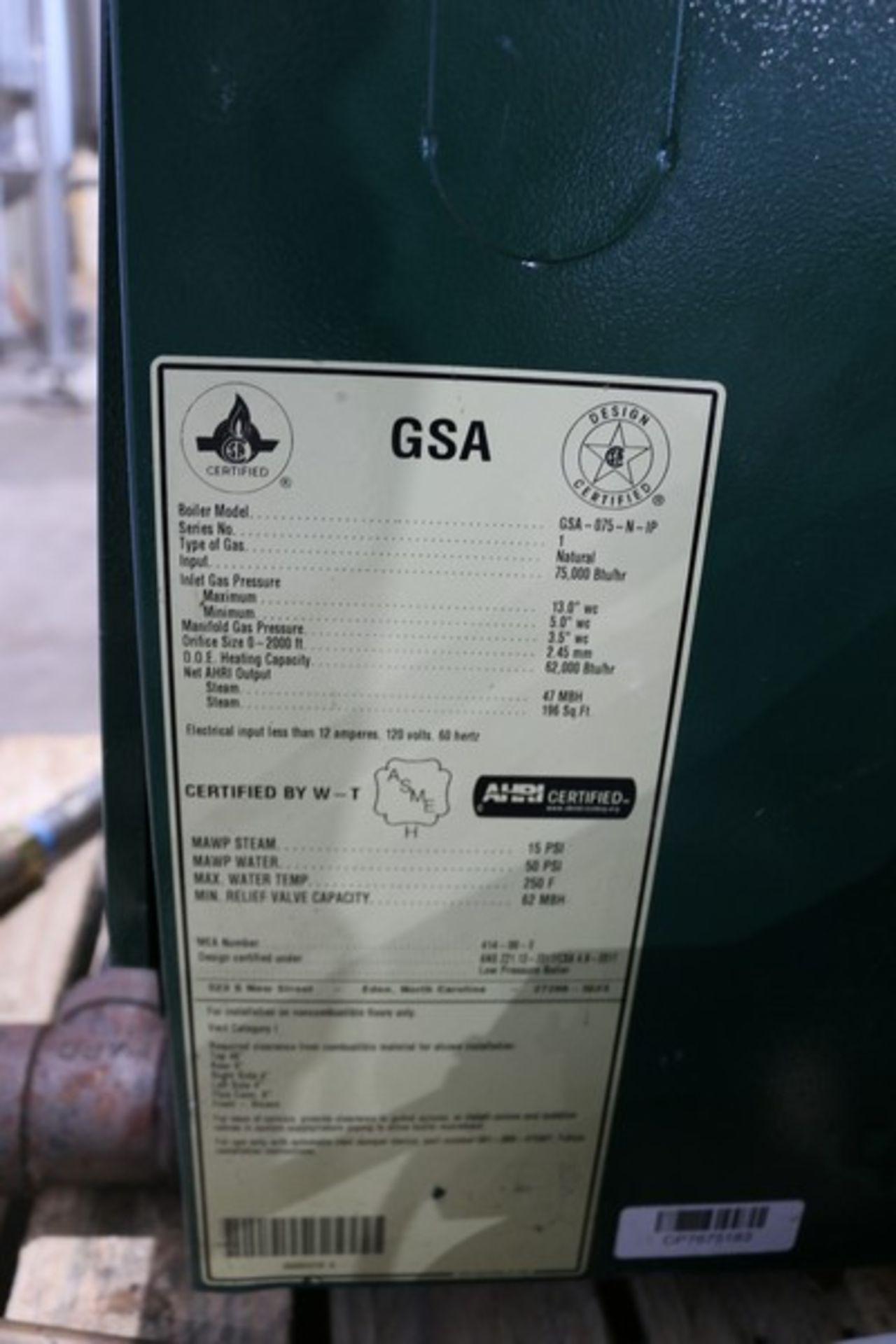 GSA Boiler,M/N GSA-075-N-IP, Type of Gas: Natural, Input 75,000 Btu/Hr. (INV#84230) (Located @ the - Image 6 of 6