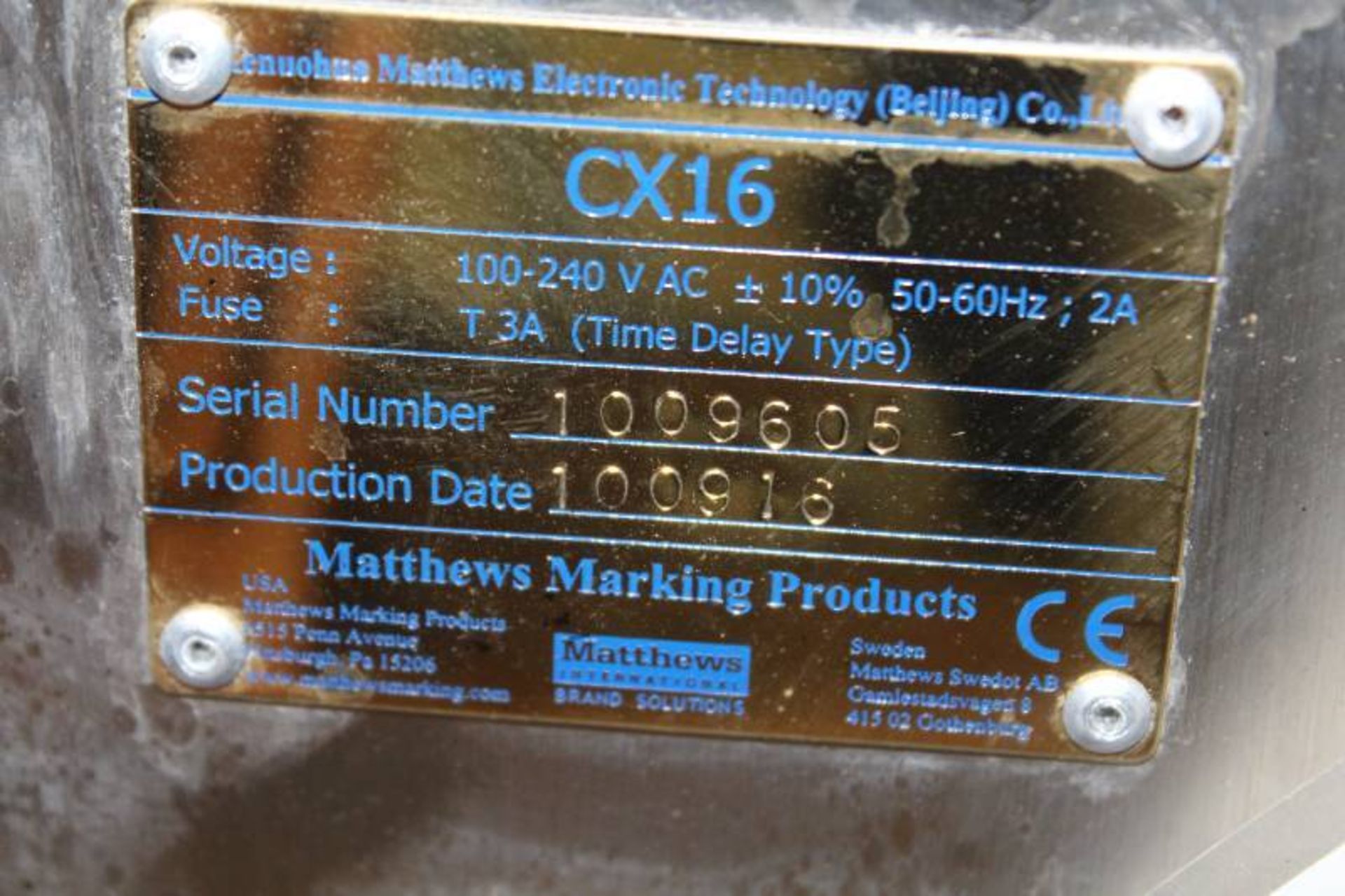 Mathews Ink Jet Coder. Model: CX16, Serial: 1009605, 100-240 Volts, 50-60 Hz, 2 Amp. As shown in - Image 8 of 8