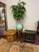 6 Miscellaneous Office items. 1 black metal decorative fireplace heater, 1 large wooden rotating