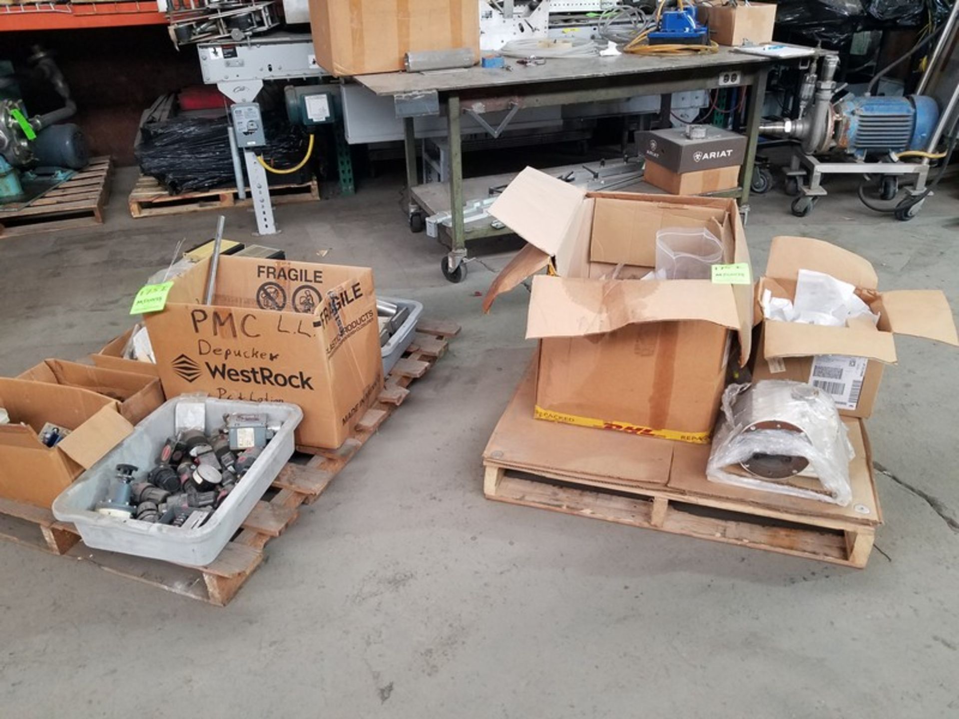 Two pallets of supplies, gearbox, seals, O rings, proximity switches, controllers, and more