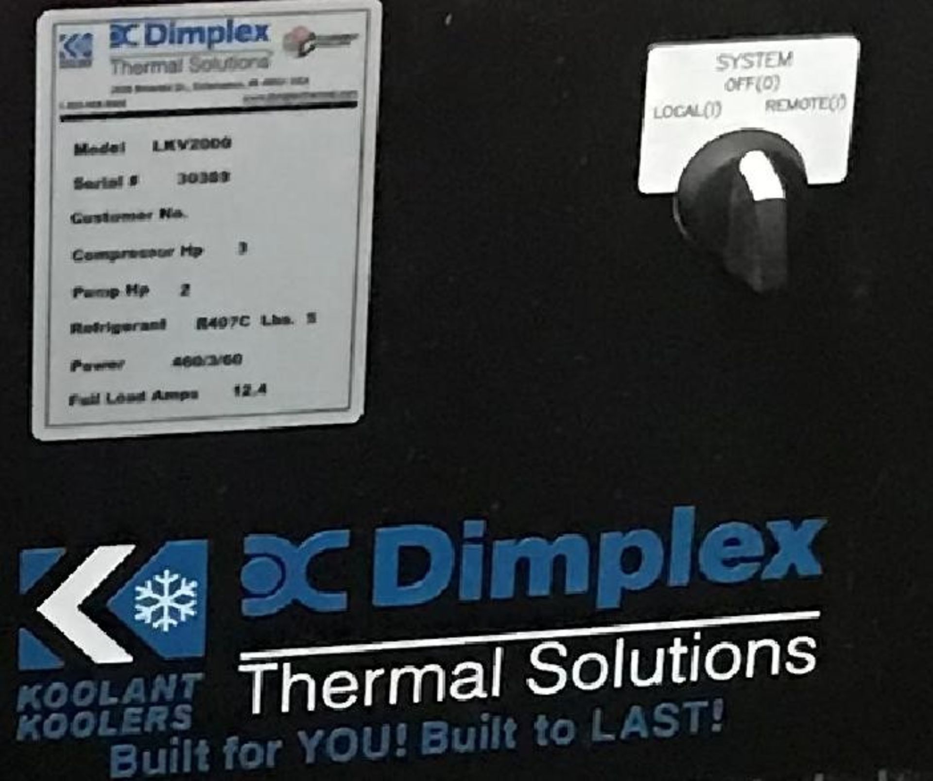 DC Dimplex Thermal Solutions Chiller. Model: LKV2000, Serial: 30389, 460 Volt, 12.4 Amps. Machine is - Bild 2 aus 2