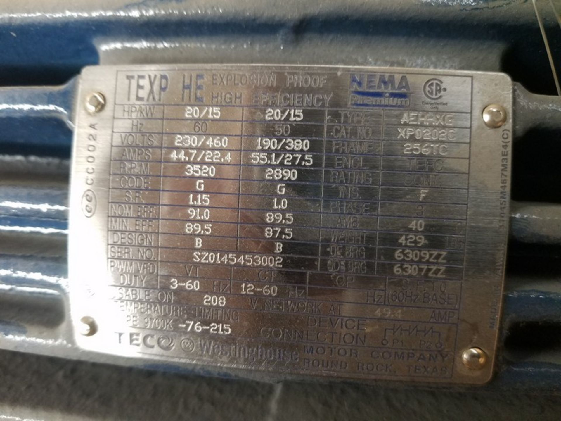 Teco Westinghouse AEHHAG explosion proof motor. HP 20, volt 230/460, 3-phase, FM 256TC, RPM 3520 ( - Image 4 of 4