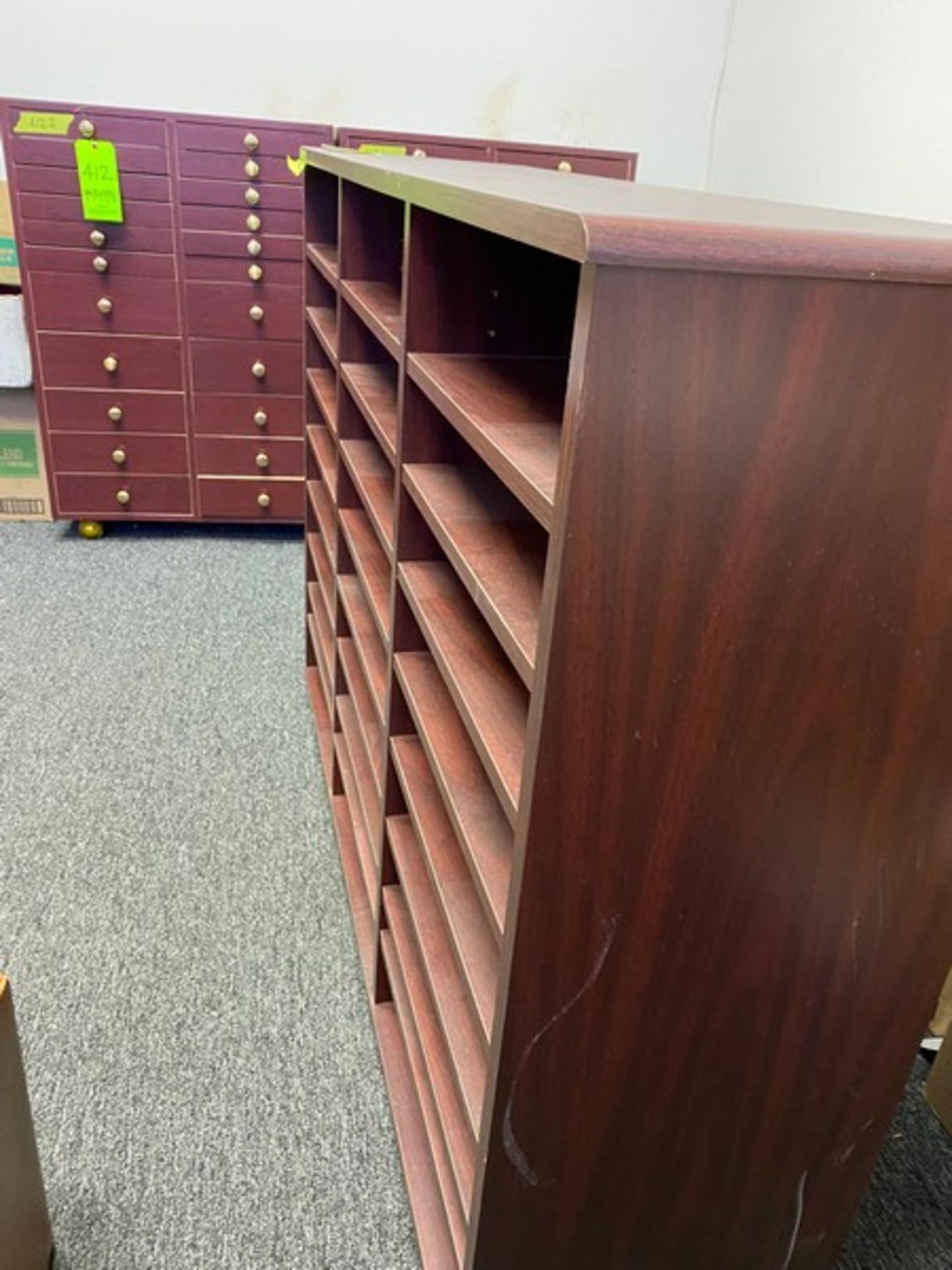 3 total office dark wood cabinets / Brochure Storage units: 2 with 22 drawers each 27.5"Wx20"Dx39. - Image 2 of 12