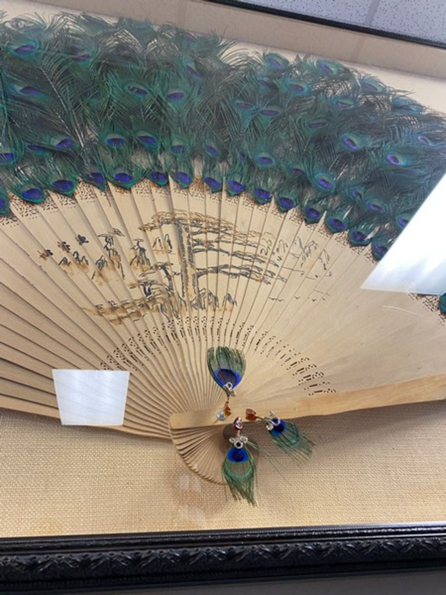 Oriental Peacock Fan Framed Art. 82"W x 4.5"D x 48" H (Elevator Handling Fee $20) (Located New - Image 2 of 12
