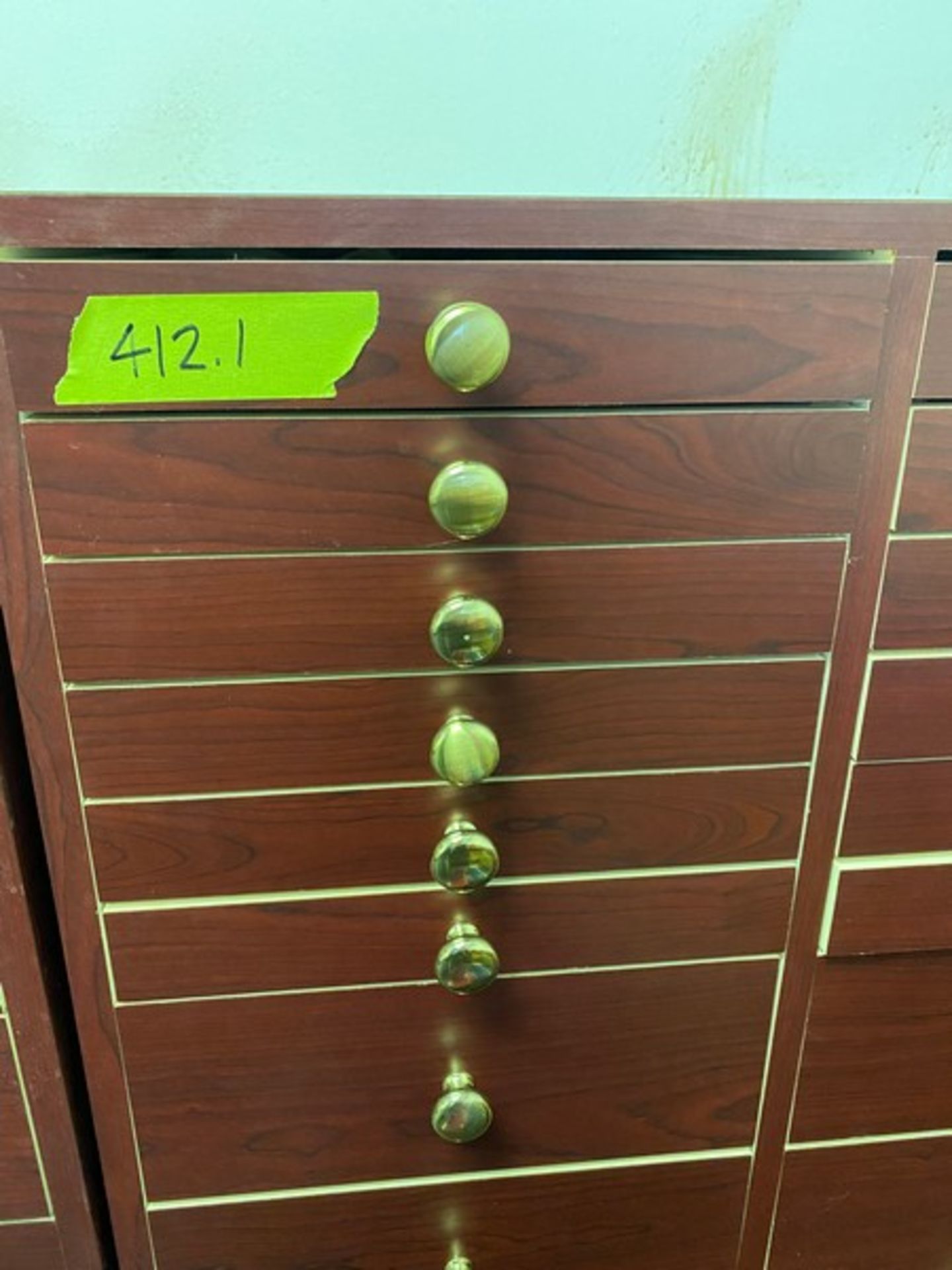 3 total office dark wood cabinets / Brochure Storage units: 2 with 22 drawers each 27.5"Wx20"Dx39. - Image 7 of 12