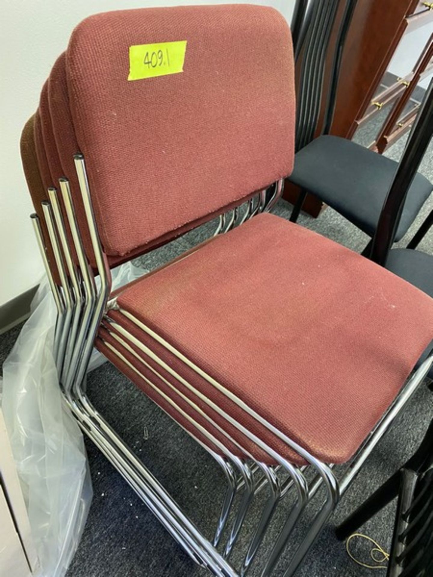 9 Chairs: 4 Black Table chairs and 5 Stackable Chairs (Elevator Handling Fee $20) (Located New - Image 3 of 6