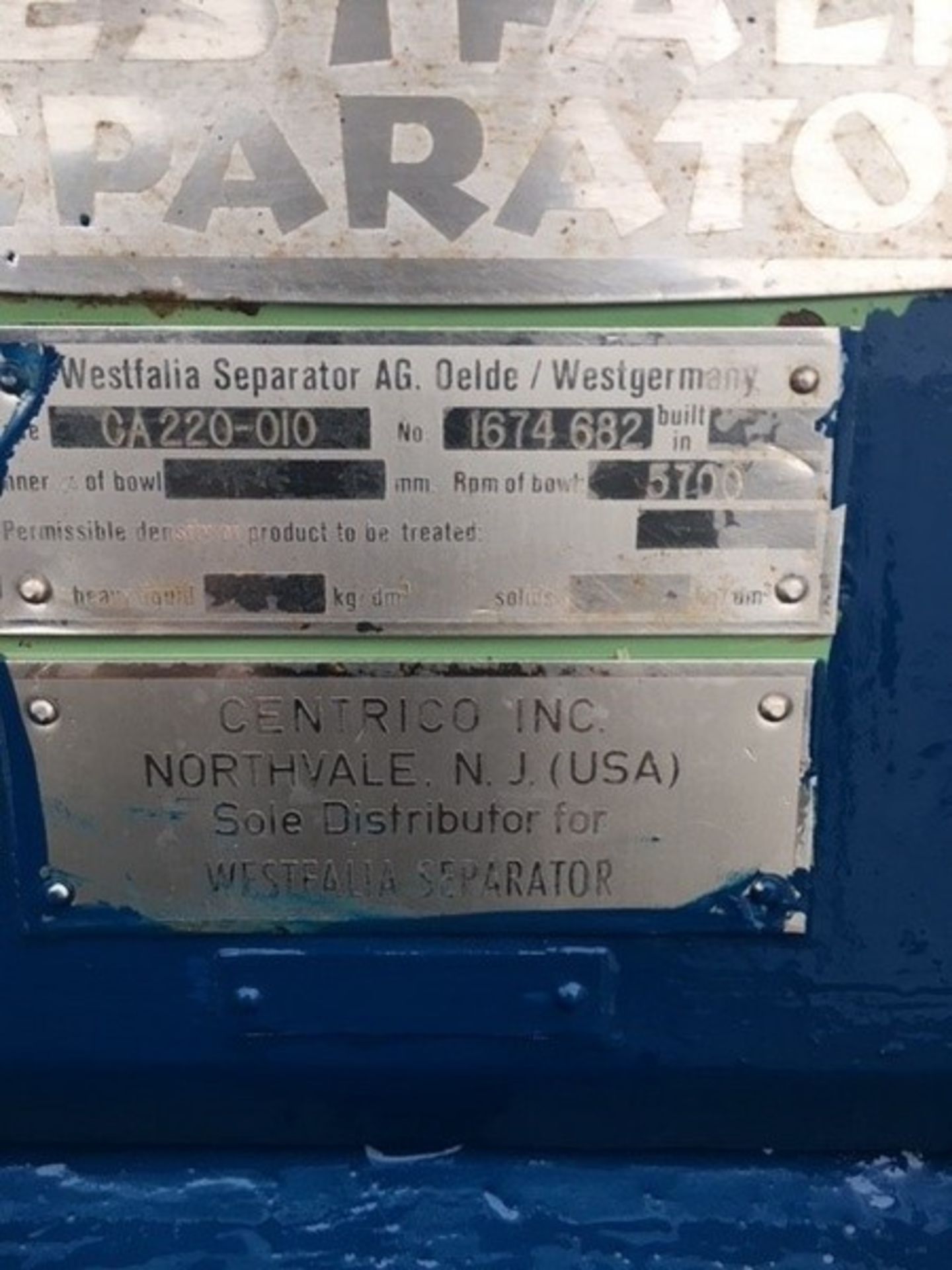 Westfalia Separator / Decanter, Model CA220-010, S/N 1674 682, RPM of Bowl 5700 ($250 Load Fee) ( - Image 4 of 4