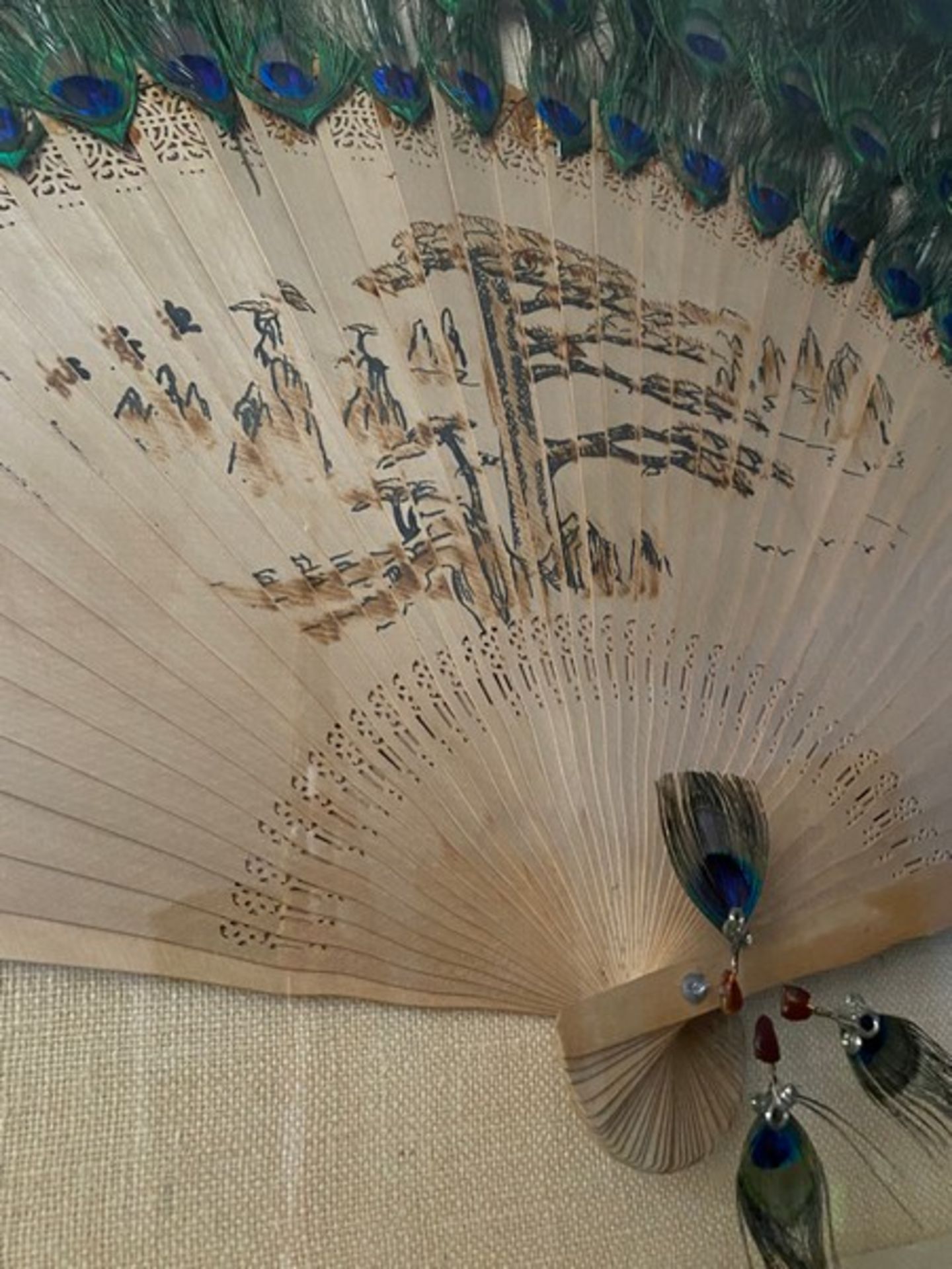 Oriental Peacock Fan Framed Art. 82"W x 4.5"D x 48" H (Elevator Handling Fee $20) (Located New - Image 7 of 12
