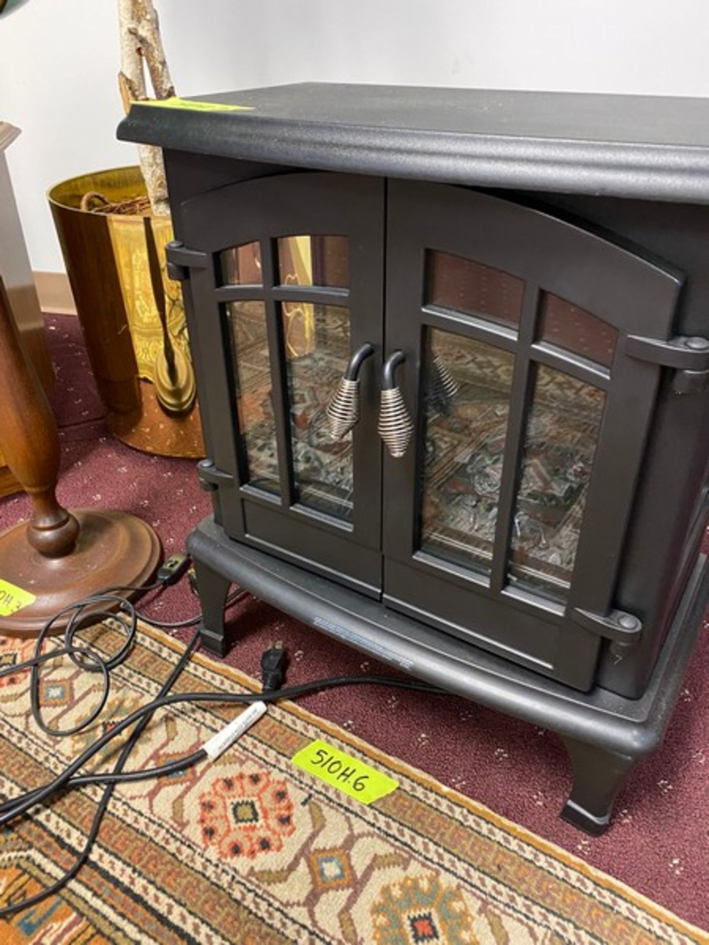 6 Miscellaneous Office items. 1 black metal decorative fireplace heater, 1 large wooden rotating - Image 6 of 15