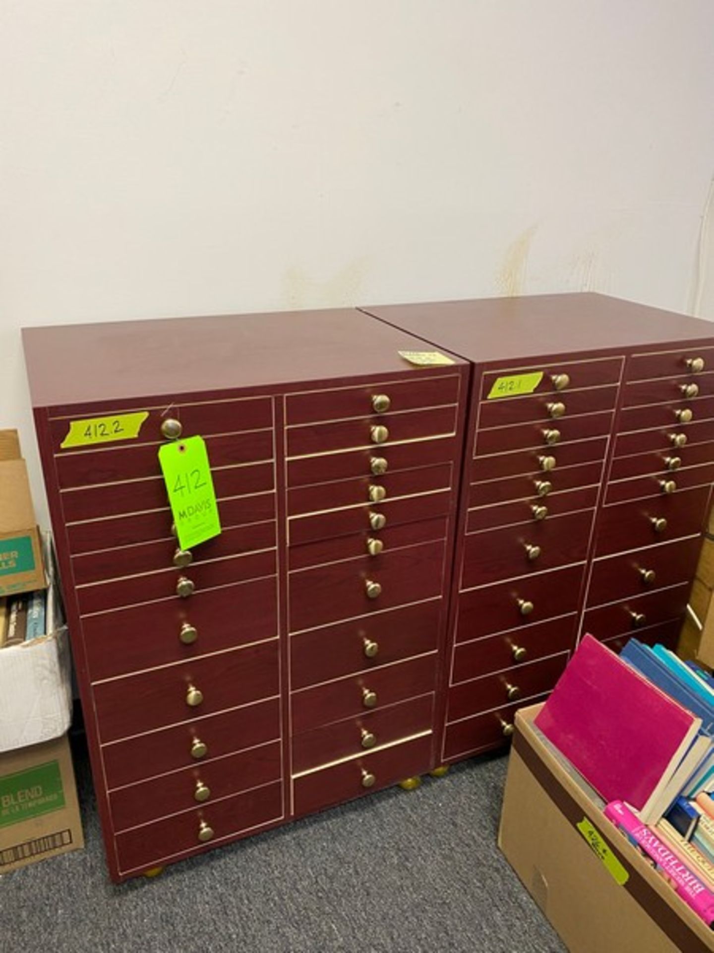 3 total office dark wood cabinets / Brochure Storage units: 2 with 22 drawers each 27.5"Wx20"Dx39. - Image 11 of 12