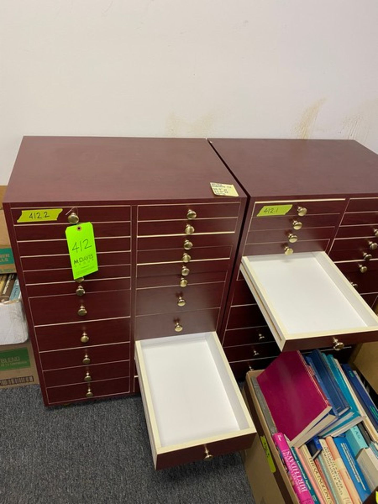 3 total office dark wood cabinets / Brochure Storage units: 2 with 22 drawers each 27.5"Wx20"Dx39. - Image 8 of 12