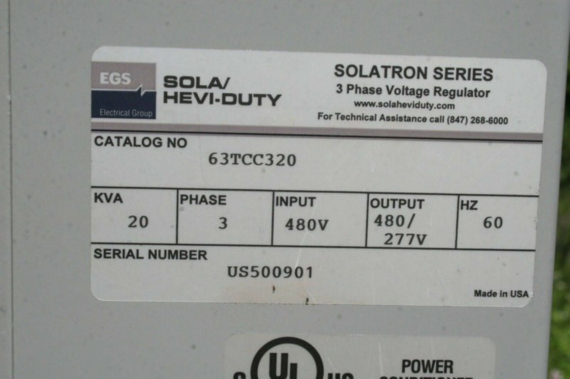 EGS Solatron Series Transformer, Catalog 63TCC320, ,S/N US500901, KVA 20, 3 Phase, 480 V Input, - Image 5 of 5