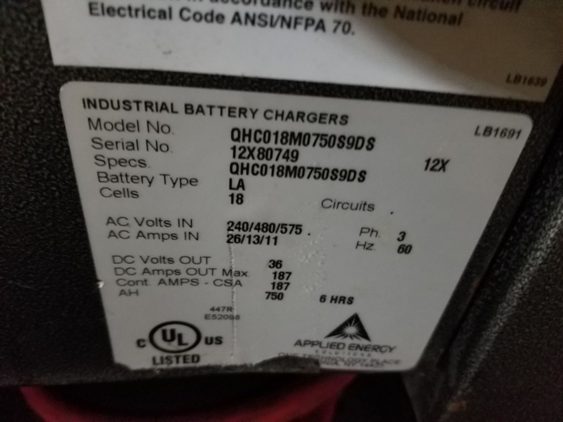 Applied Engery QHC018M075059DS forklift battery charger, serial # 12X8074, volt 240/480/575, 3- - Image 4 of 4
