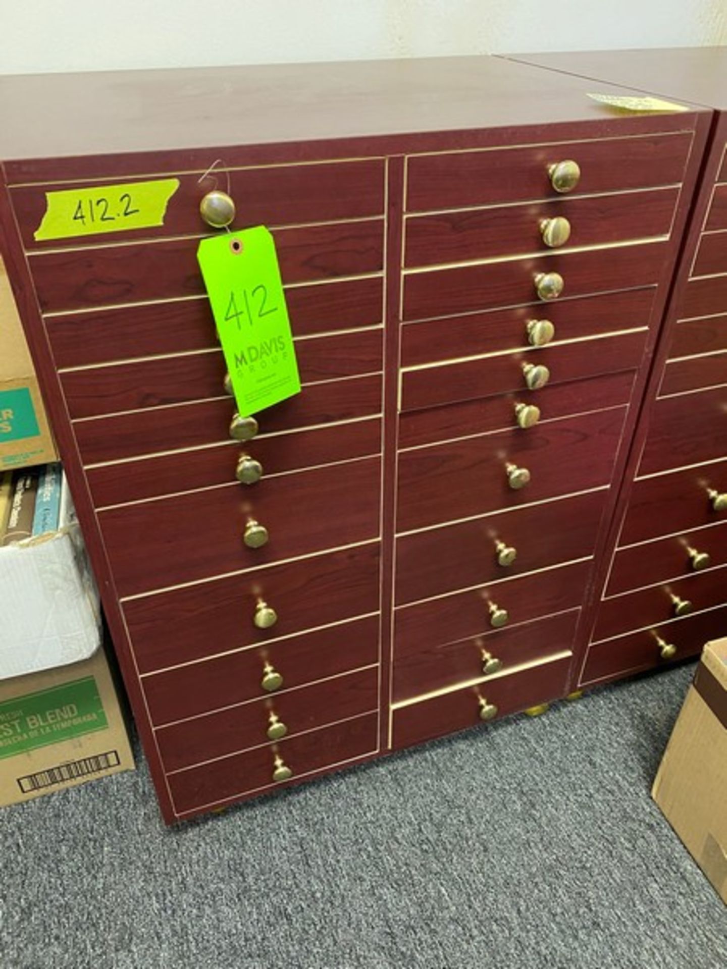 3 total office dark wood cabinets / Brochure Storage units: 2 with 22 drawers each 27.5"Wx20"Dx39. - Image 10 of 12