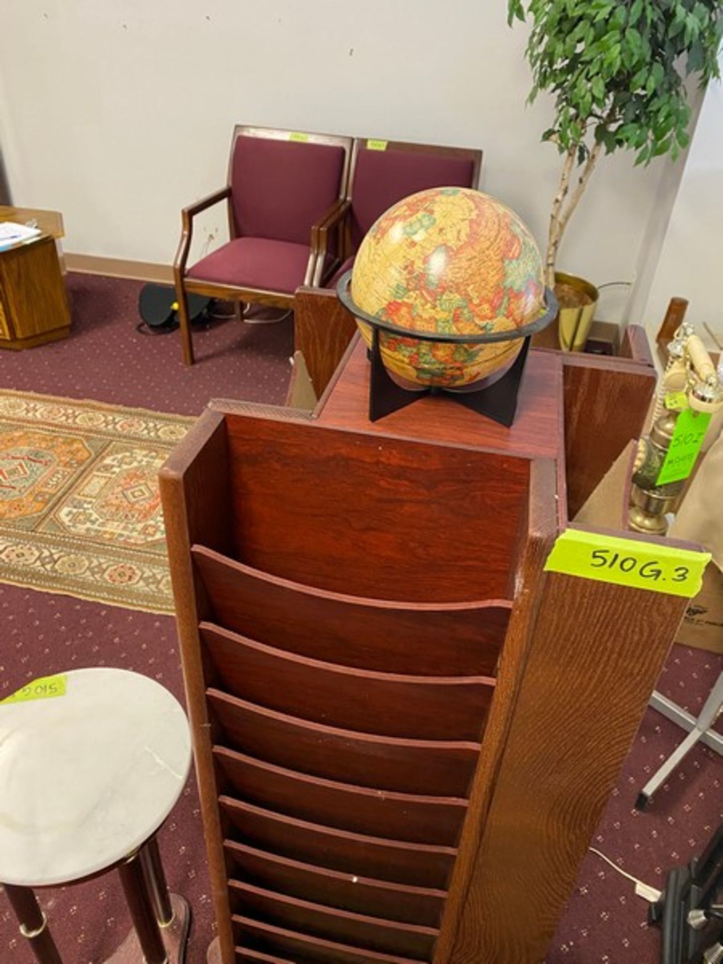 5 Pcs Miscellaneous Office Items. 2 chairs, 1 rotating magazine rack, 1 cabinet/dresser unit with 22 - Image 8 of 9