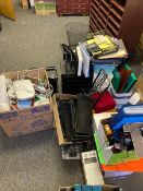 Approx 6 Boxes miscellaneous office supplies - storage containers, calculators, power strips,