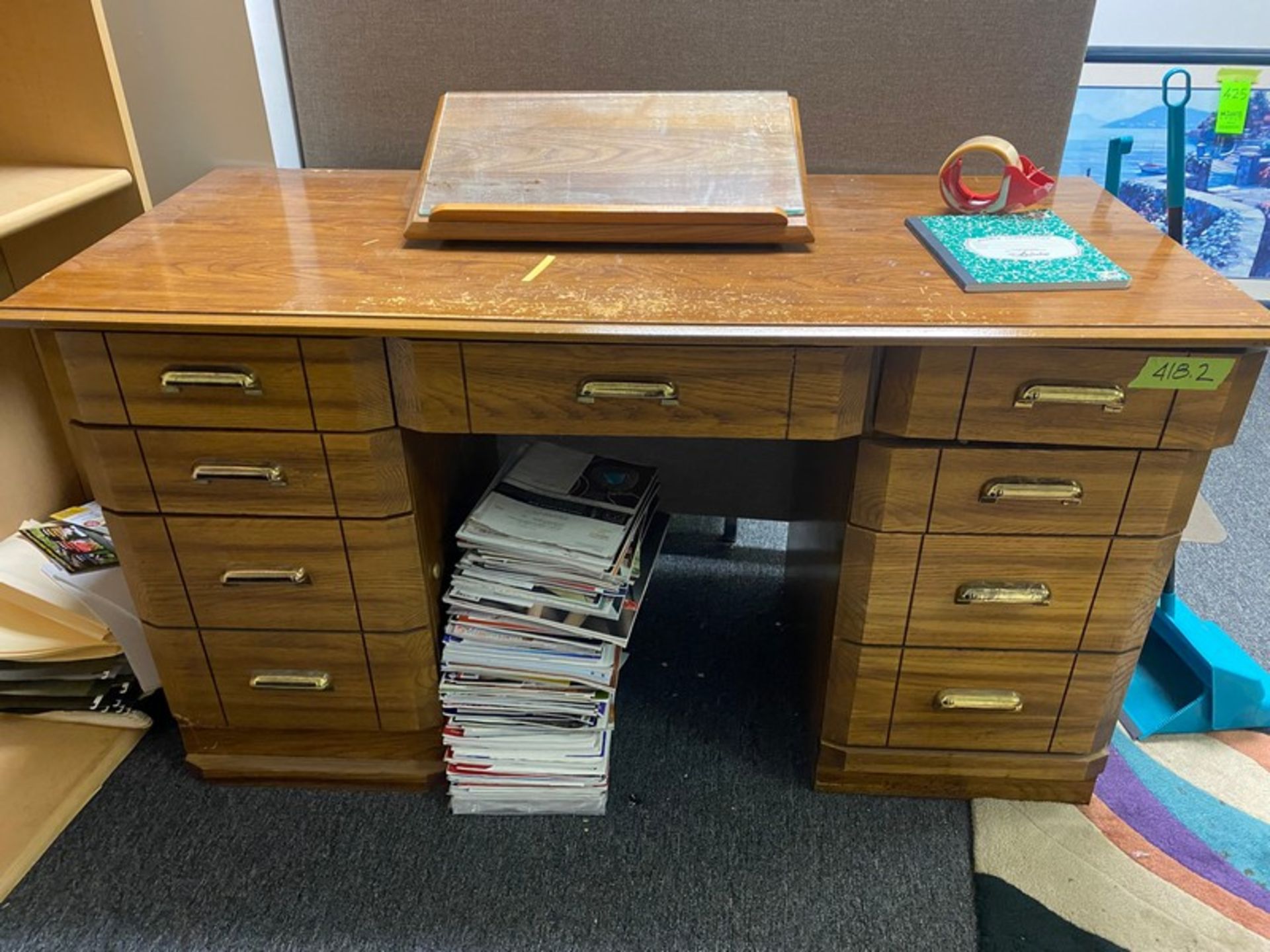 5 pieces office furniture: one(1) formica top, metal drawer desk 55"Wx 30"D / one(1) wood desk 55" - Image 9 of 11
