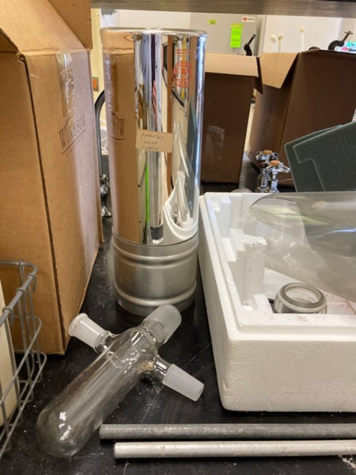 approx 20 boxes Lab accessories & Glassware (on 3 tables & floor) - small carboys, flat glass domes, - Image 15 of 20