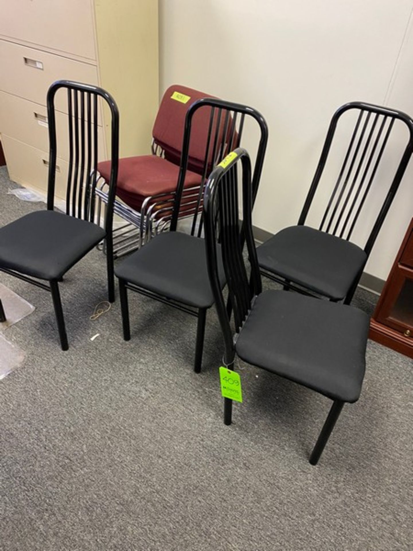 9 Chairs: 4 Black Table chairs and 5 Stackable Chairs (Elevator Handling Fee $20) (Located New - Image 6 of 6