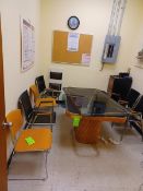 Remainder of lunch room: 6 lunchroom chairs, assorted colors, 1 bamboo base table (needs new glass