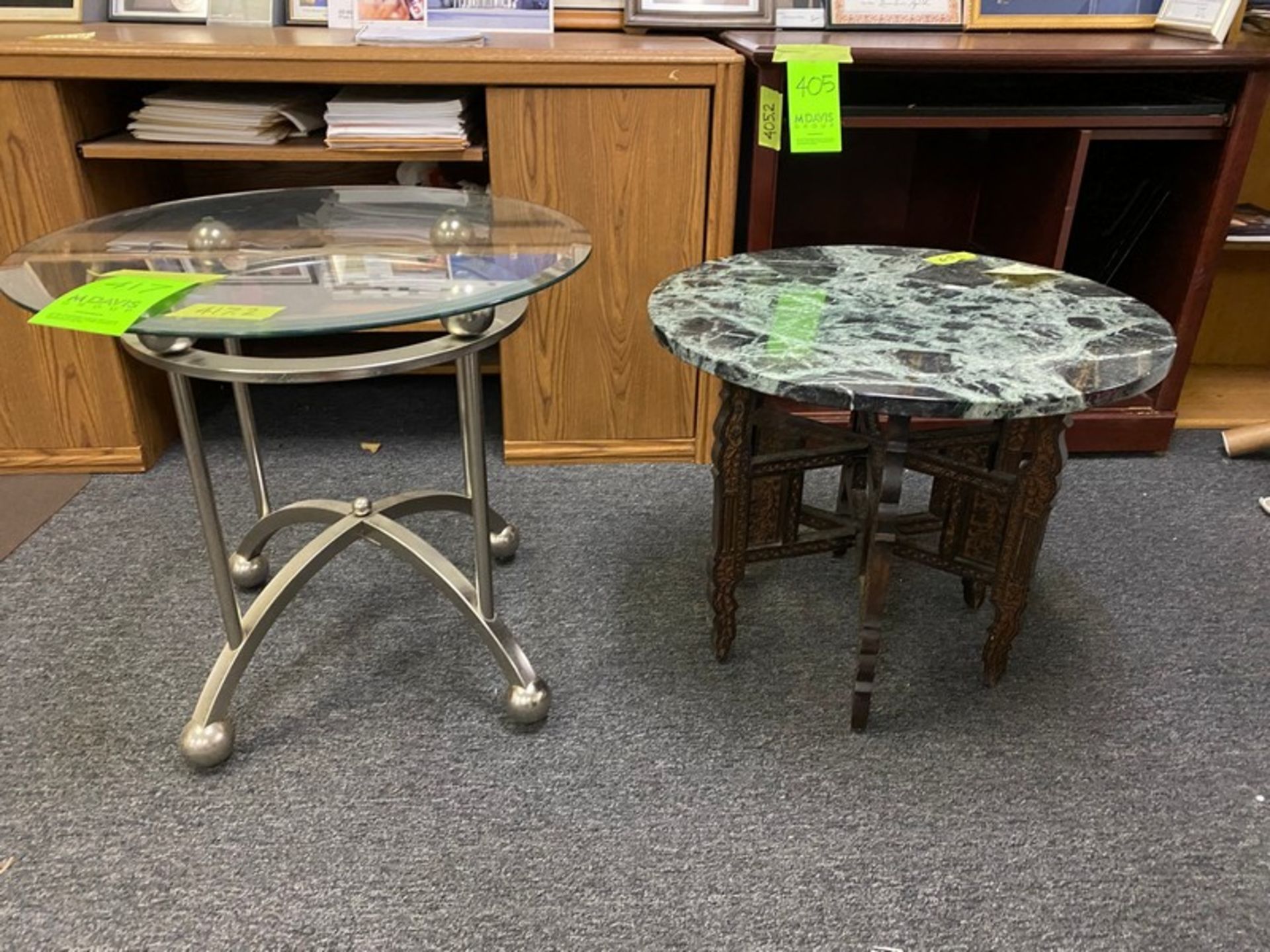 3 decorative round top end tables, one(1) granite top with hand-carved base - 24" diameter x 20"H