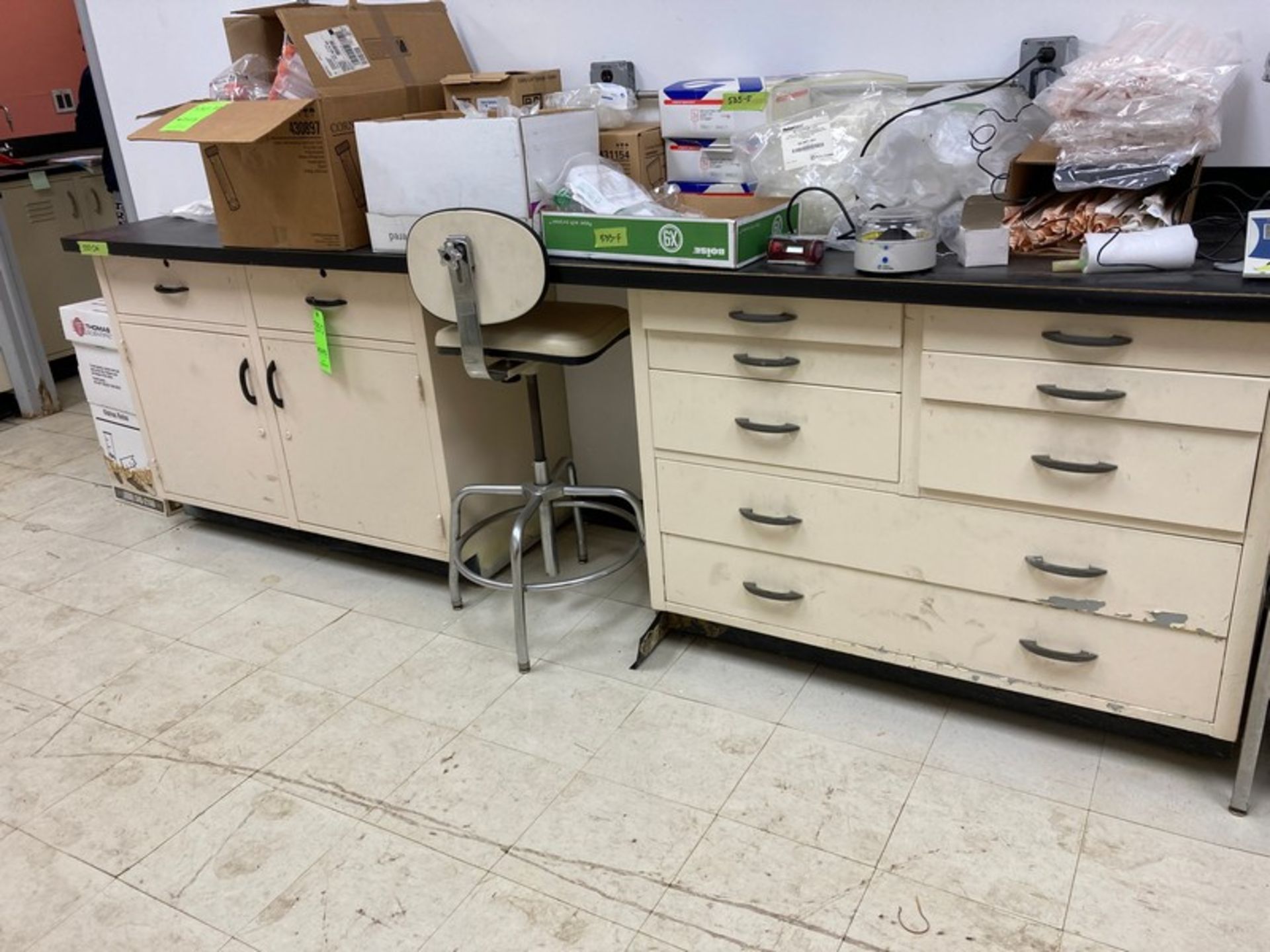 6 items - Misc Lab Cabinets, desks & Chairs, lab cabinets 47"Wx22"DX36"H (plywood top), metal desk