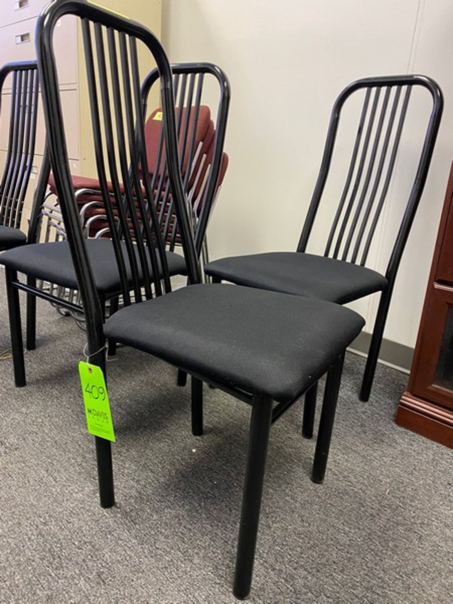 9 Chairs: 4 Black Table chairs and 5 Stackable Chairs (Elevator Handling Fee $20) (Located New - Image 5 of 6