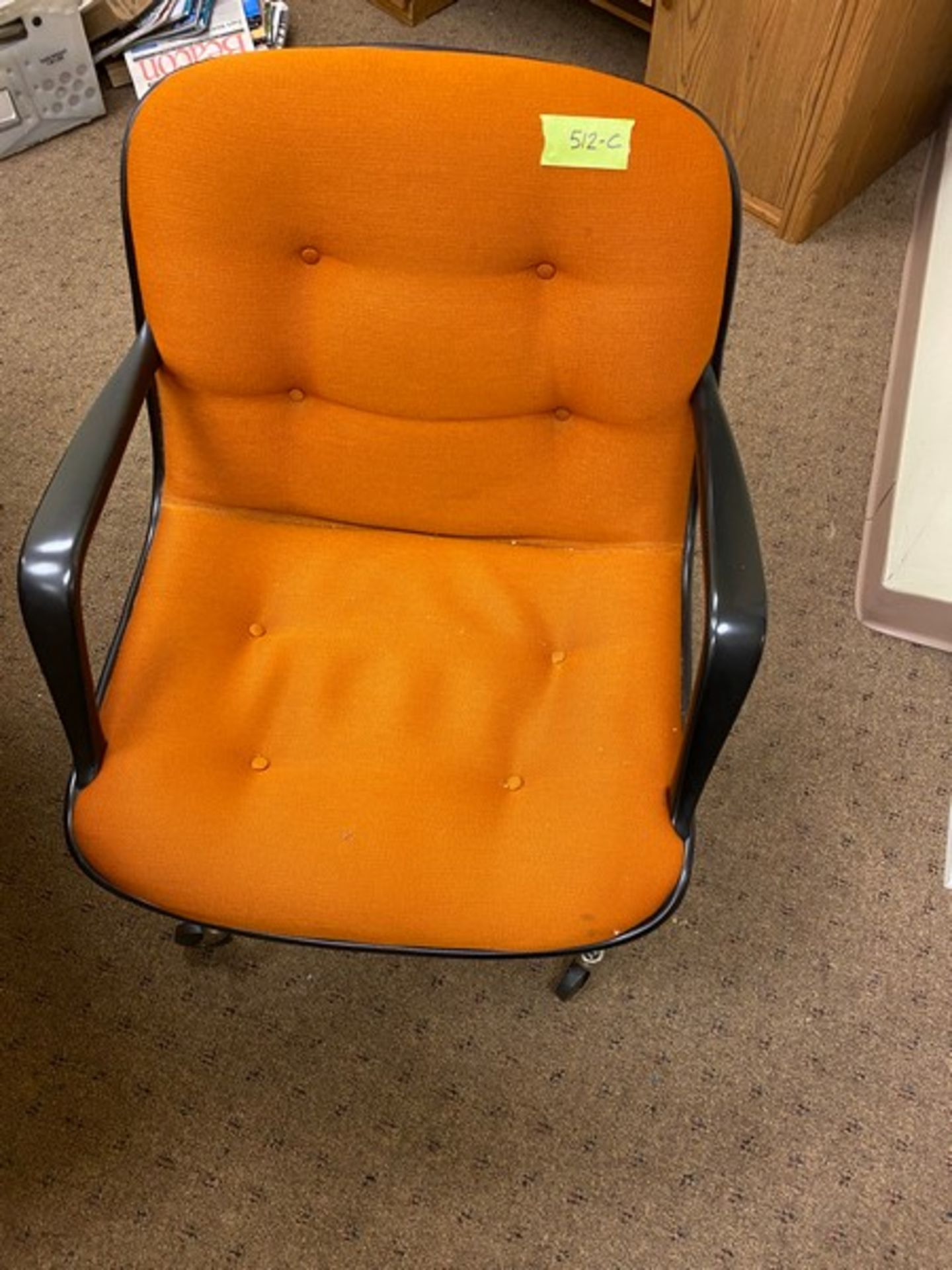 7 rolling office chairs of same style: 5 matching brown, 1 yellow, 1 orange(Elevator Handling Fee $ - Image 4 of 8