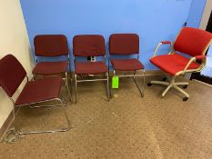 8 unit lot w/ 7 assorted style office chairs + 1 black metal magazine rack. Chairs are mixed styles,