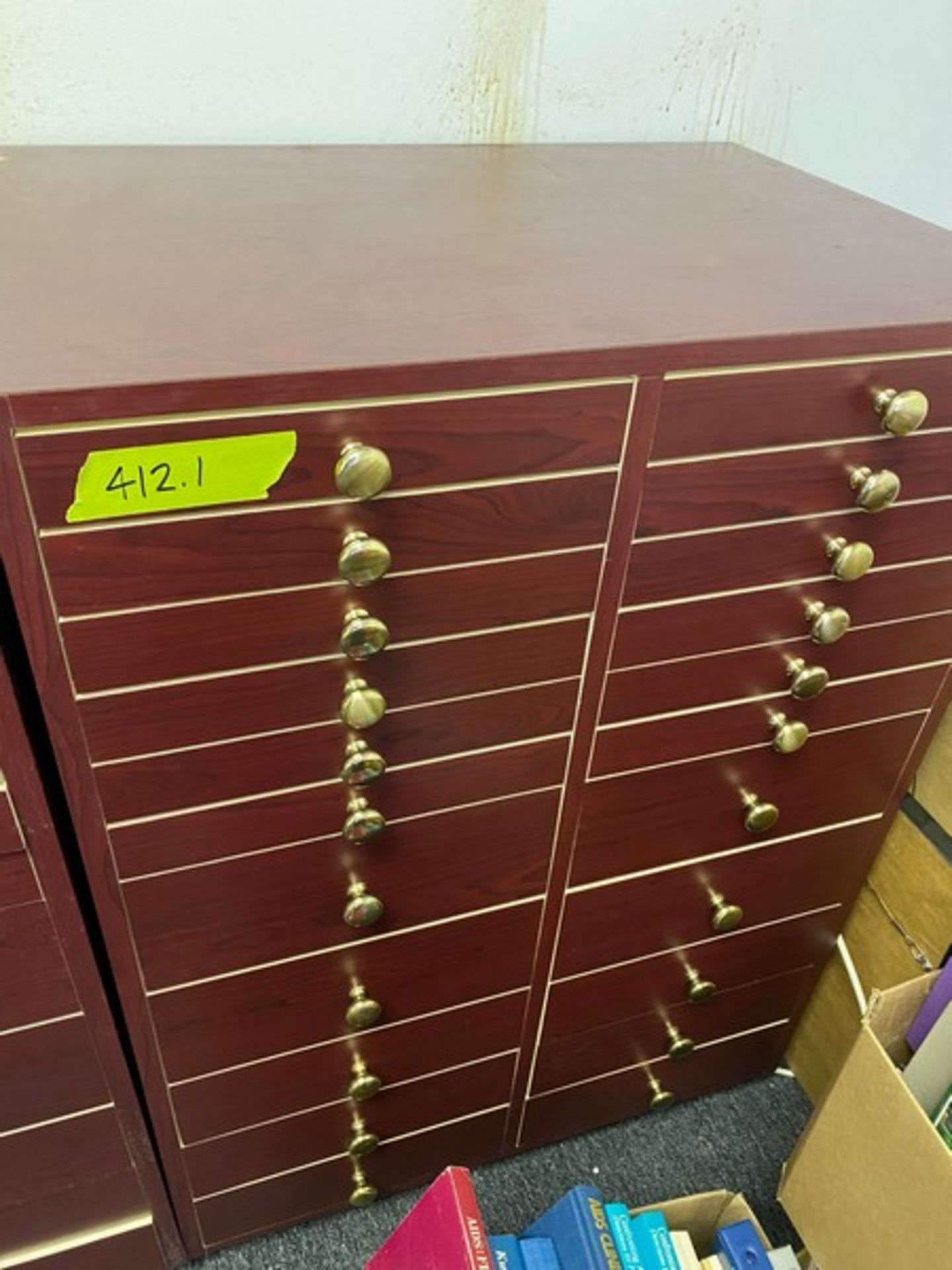 3 total office dark wood cabinets / Brochure Storage units: 2 with 22 drawers each 27.5"Wx20"Dx39. - Image 9 of 12