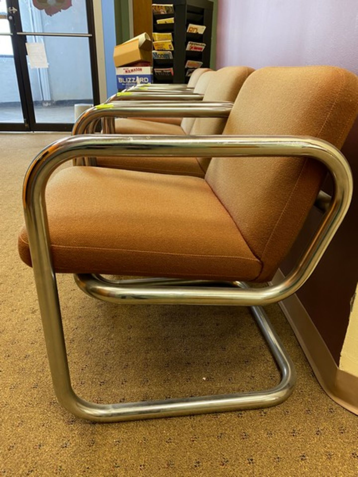 Six (6) metal-framed upholstered chairs. Tan colored durable fabric, silver-colored metal frame. - Image 3 of 7