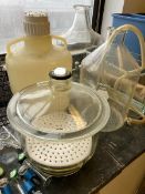 approx 20 boxes Lab accessories & Glassware (on 3 tables & floor) - small carboys, flat glass domes,