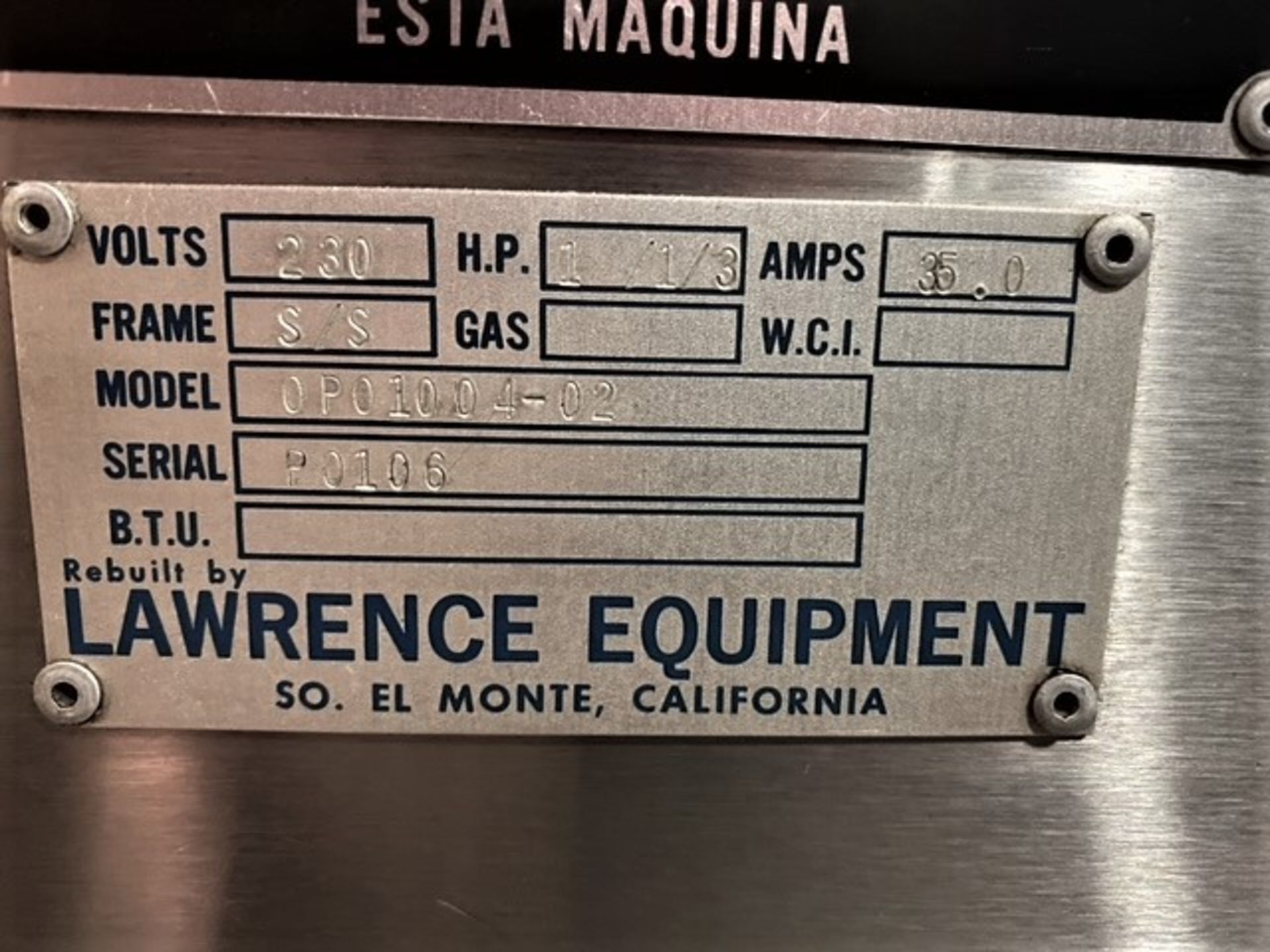 Lawrence Equipment Microcombo, Model 0P01004-02, S/N P0106, 230 V, 1 / 1/3 hp (Located Orlando, FL) - Image 2 of 2