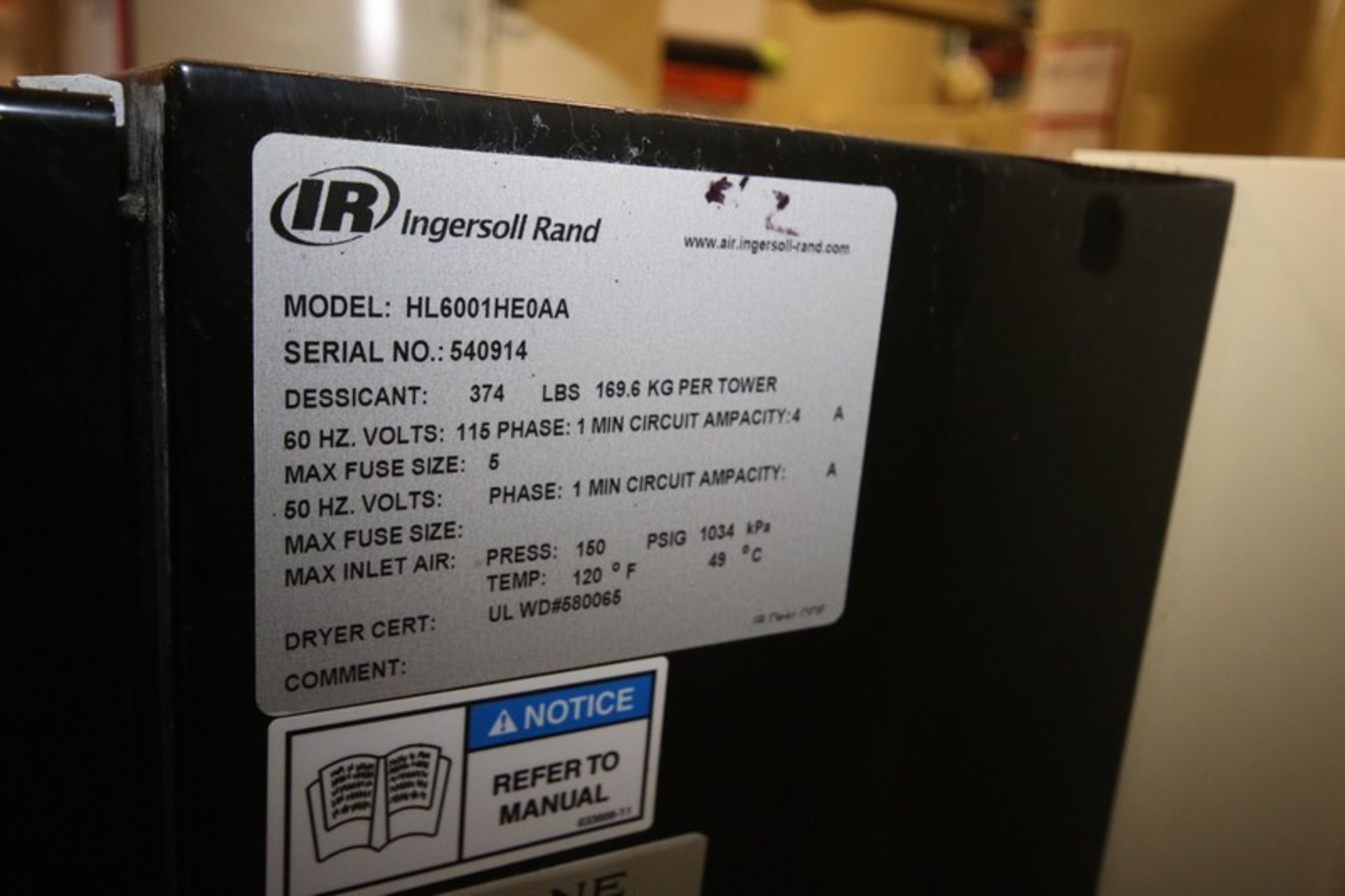 2013 Ingersol Rand Desiccant Air Dryer, Model HL6001HE0AA, SN 540914, 150 PSIG, Single Phase with - Image 4 of 4