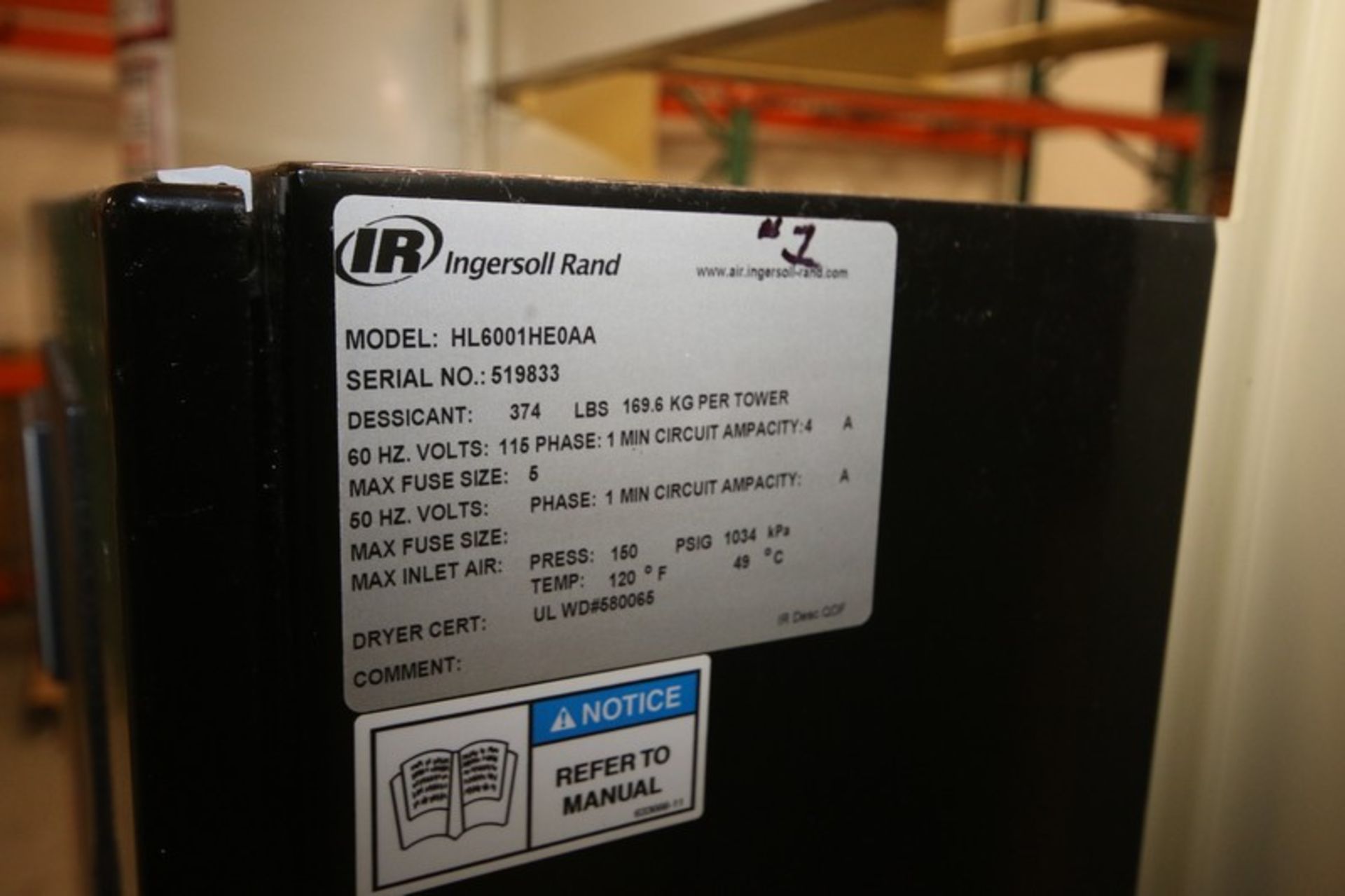 2011 Ingersol Rand Desiccant Air Dryer, Model HL6001HE0AA, SN 519833, 150 PSIG, Single Phase with - Image 4 of 4