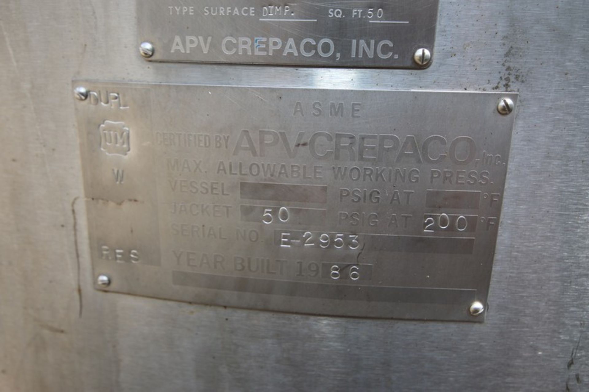 APV Crepaco Aprox. 500 Gallon Dome Top S/S Jacketed Tank, SN E-2953, 3 Prop Agitator Shaft, (Note: - Image 8 of 9