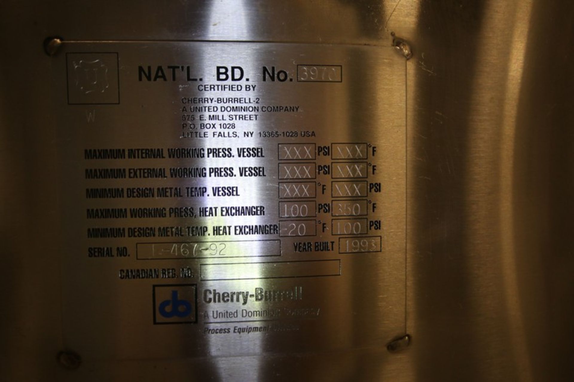 Cherry-Burrell Hinged Lid, Aprox. 300 Gallon S/S Processor, SN E-467-92, No. 1044, Lechithin Tank, - Image 9 of 9