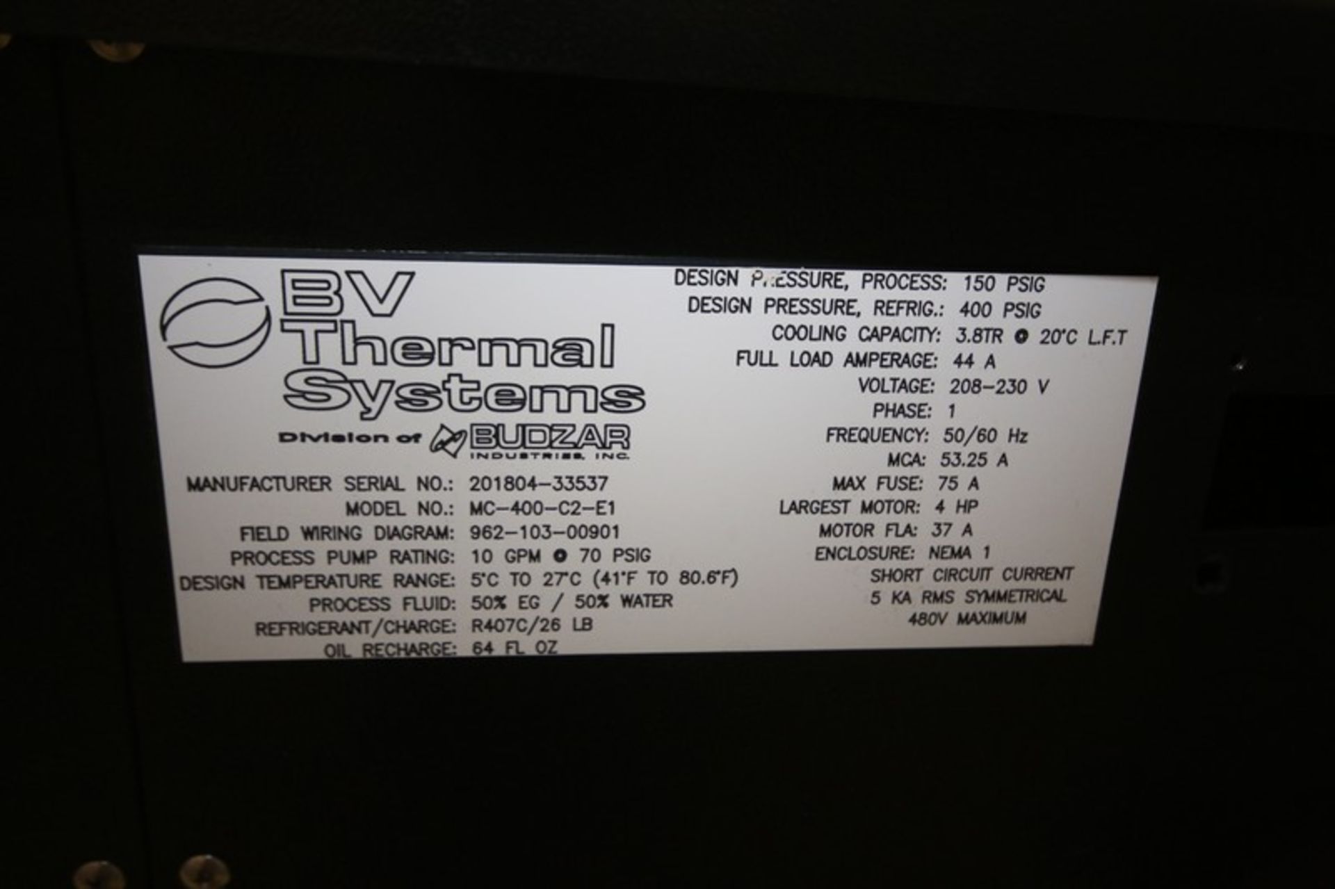 2018 BV Thermal Systems Re Circulating Chiller,Model #MC-400-C2-E1, SN 2018404-33537, 208-230V, 1 - Image 6 of 8