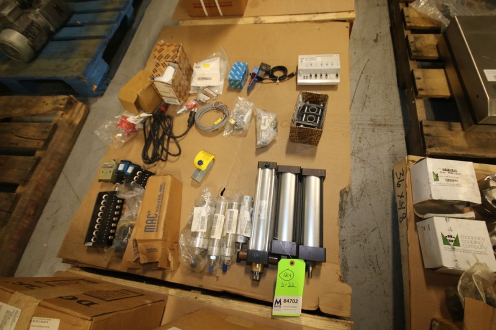 (1) Pallet of Assorted MAC, Parker & Atlas Copco, Pneumatic Parts, w/Cylinders, Manifolds,