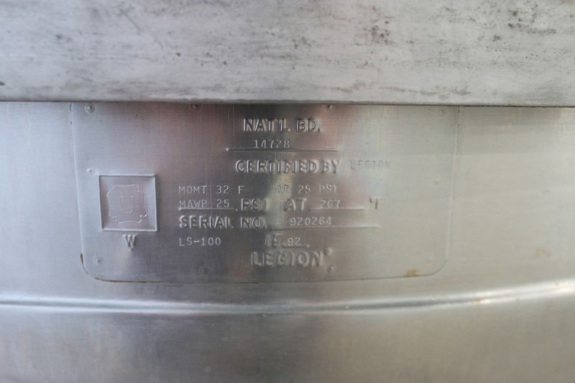 Legion 100 Gal. S/S Kettle,M/N LS-100, S/N 920264, MDMT 32 F @ 25 PSI, MAWP 25 PSI @ 267 F, with 1- - Image 5 of 10