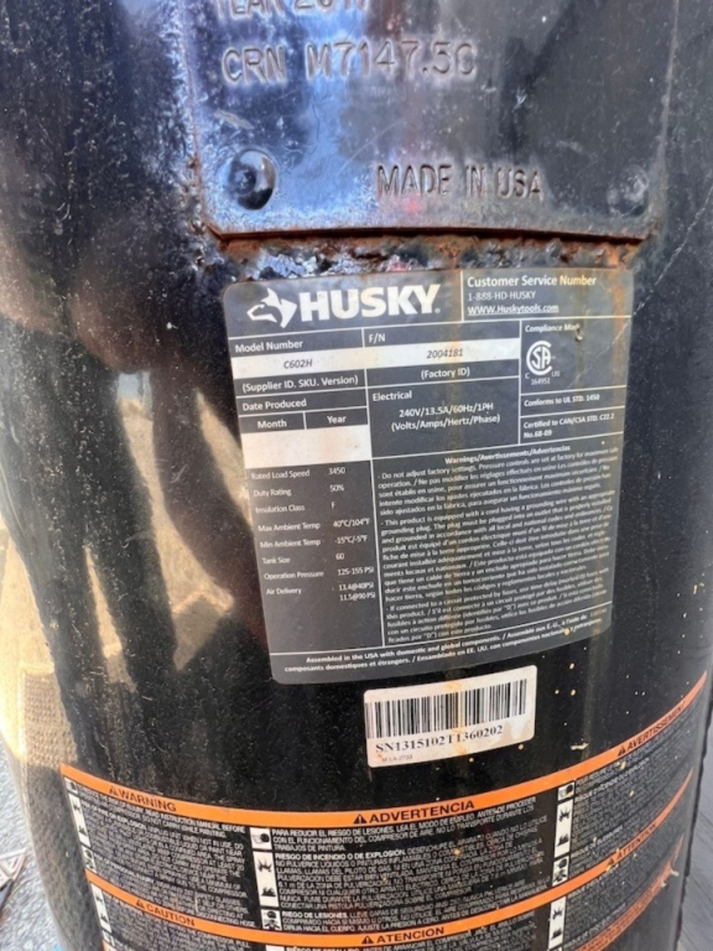 2017 HUSKY 3.7 HP AIR COMPRESSOR, MODEL C602H,S/N 2004181, 60-GALLON, 175 MAWP @ 400 F (INV#88620)( - Image 5 of 7