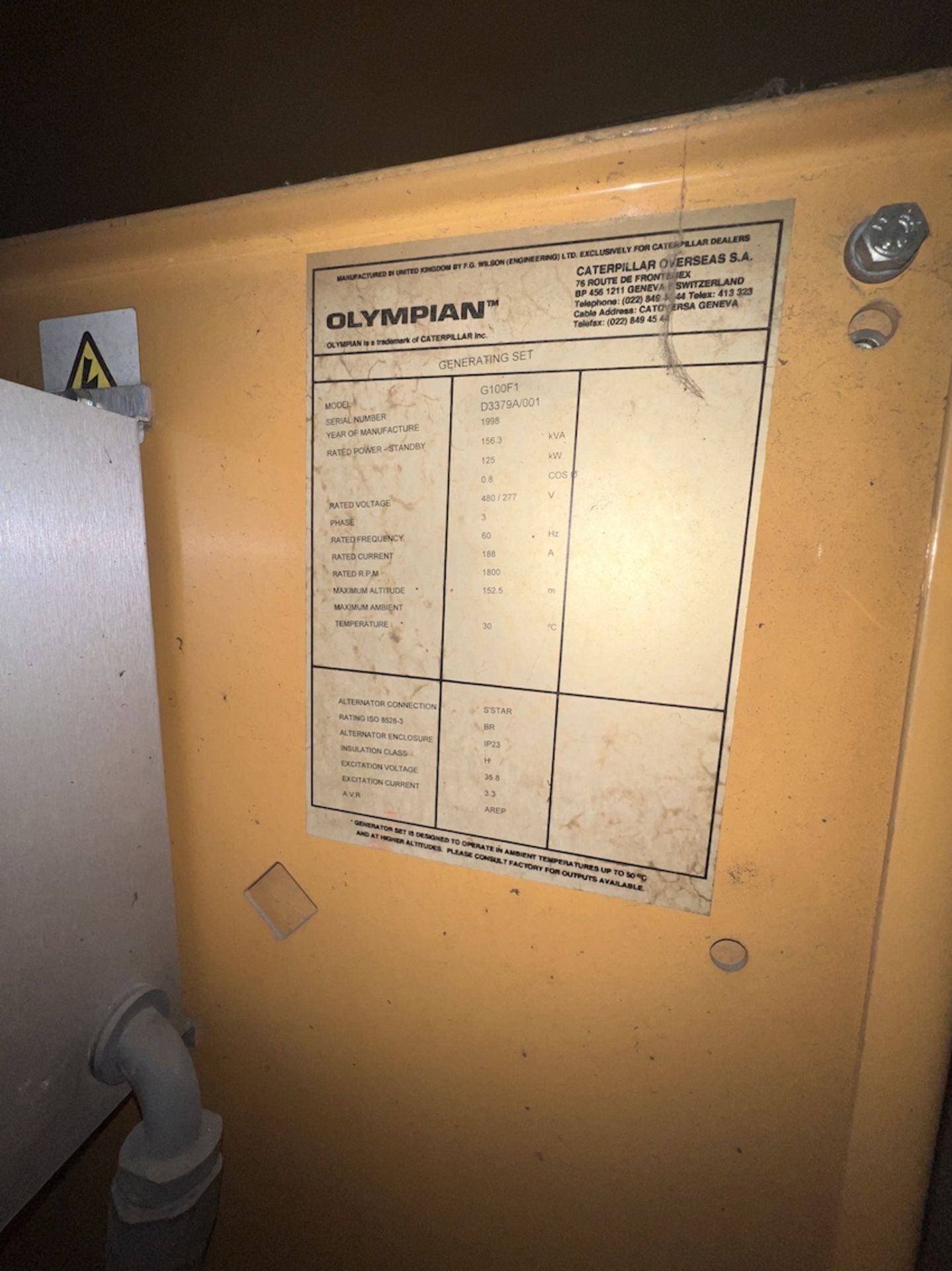 OLYMPIAN POWER GENERATOR, MODEL G100F1, S/N D3379A/001, 125 KW - Image 5 of 6