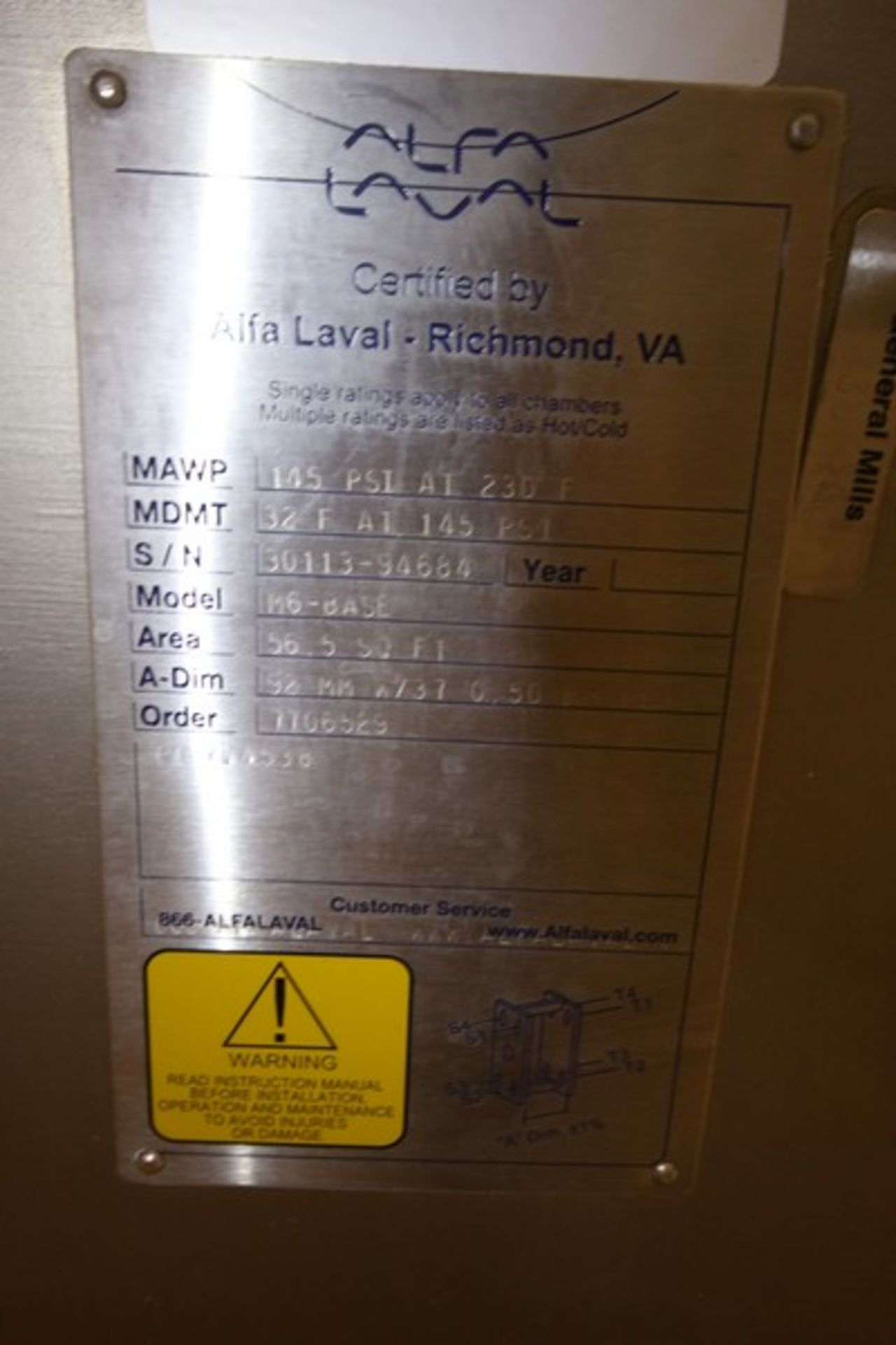 2012 Alfa Laval 36" H S/S Plate Press, Model MG-BASE, SN 30113-94684, with 2" Clamp Type - Image 4 of 4