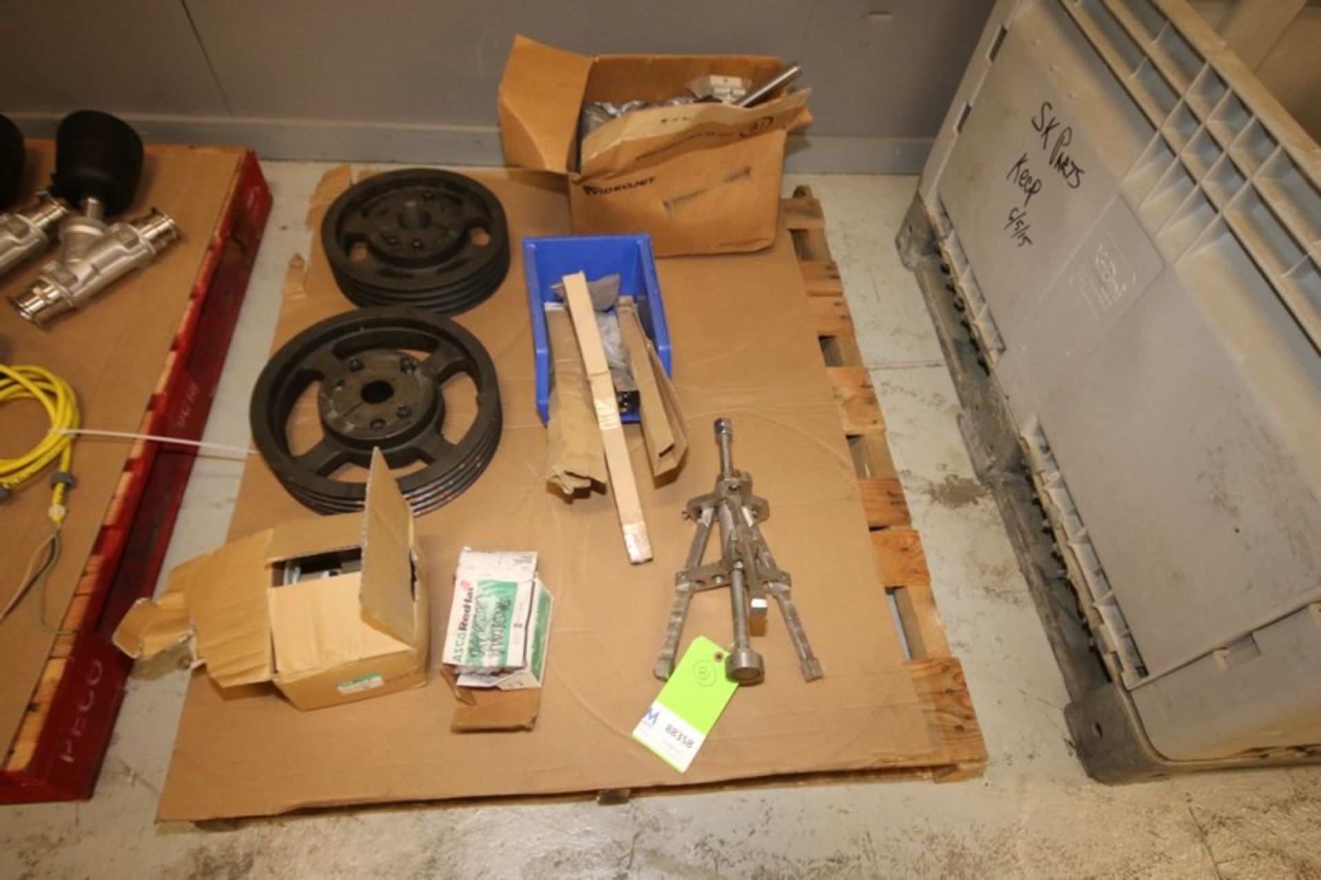 Pallet of Assorted Parts, Including Video Jet Coder Parts, Pulleys, Asco Valves and Banner Photo