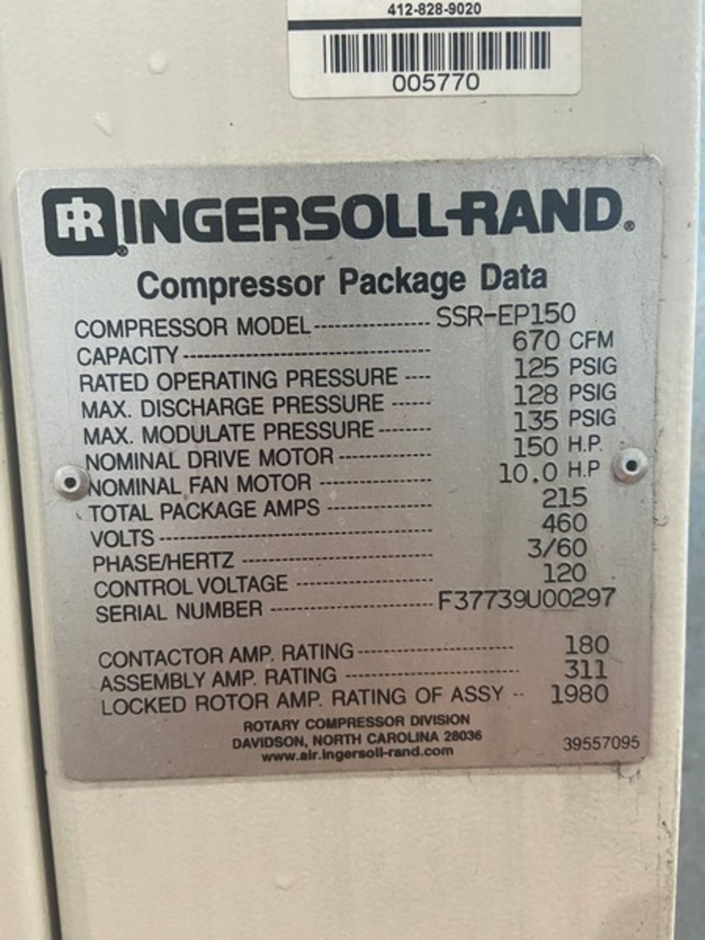 Ingersoll-Rand 150 hp Air Compressor, M/N SSR-EP150, S/N F37739U00297, 460 Volts, 3 Phase, Last - Image 7 of 10