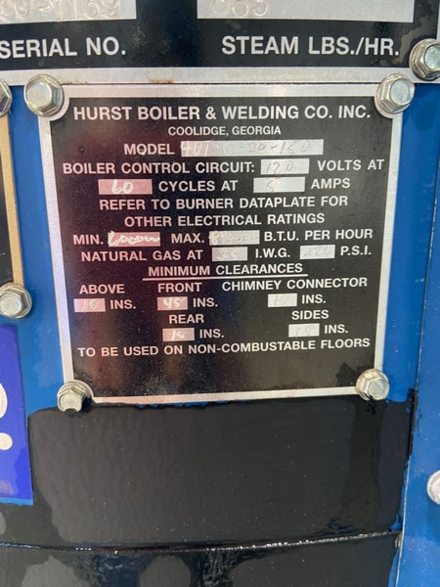 Hurst Boiler & Welding Co. Inc. 863 Steam LBs./Hr Boiler, S/N V61-150-1139, 150 Max. W.P. PSI, 61 - Image 5 of 7