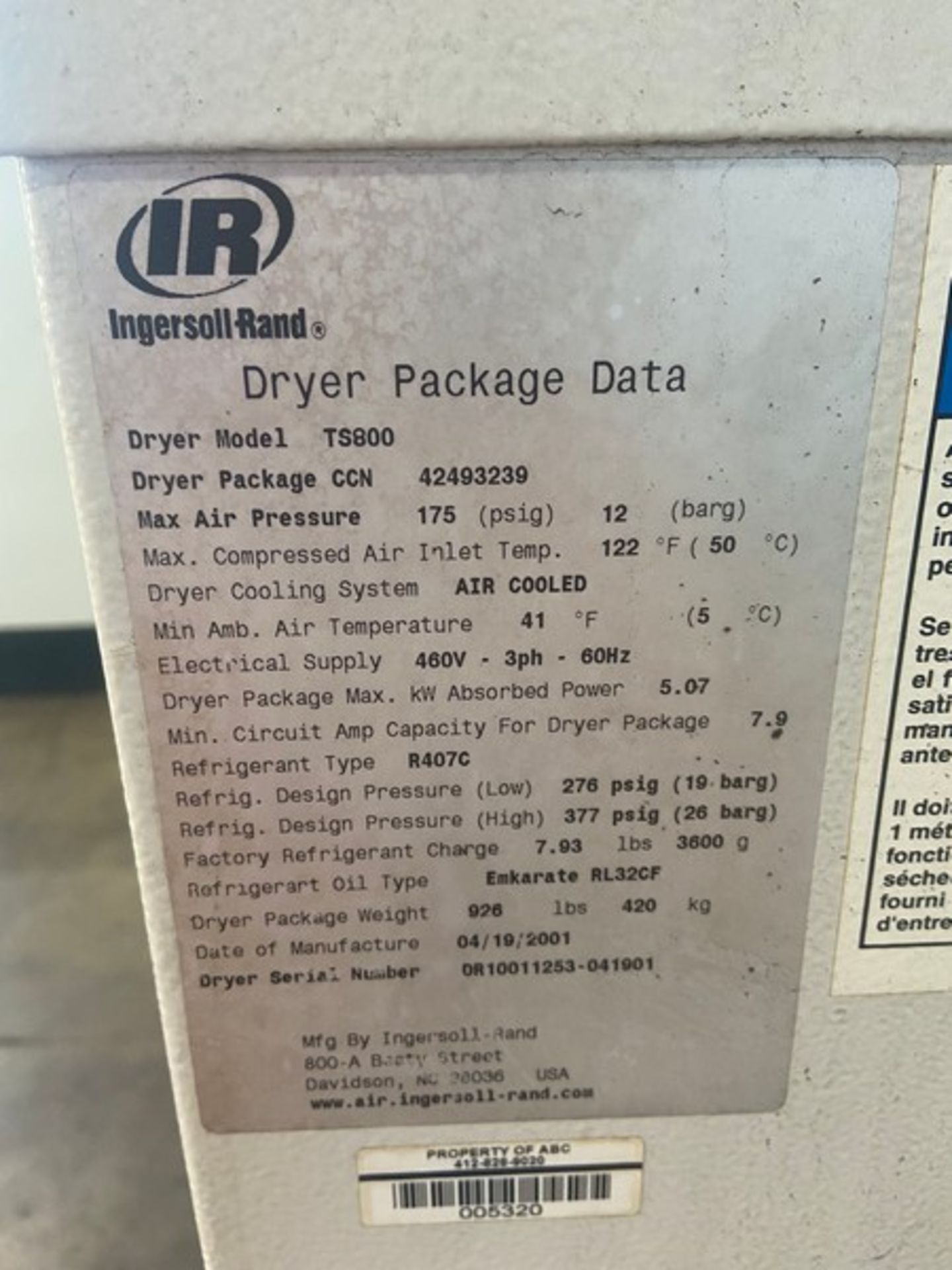 Ingersoll-Rand Dryer, M/N TS800, S/N DR10011253-041901, 460 Volts, 3 Phase (INV#88606)(Located @ the - Bild 6 aus 8